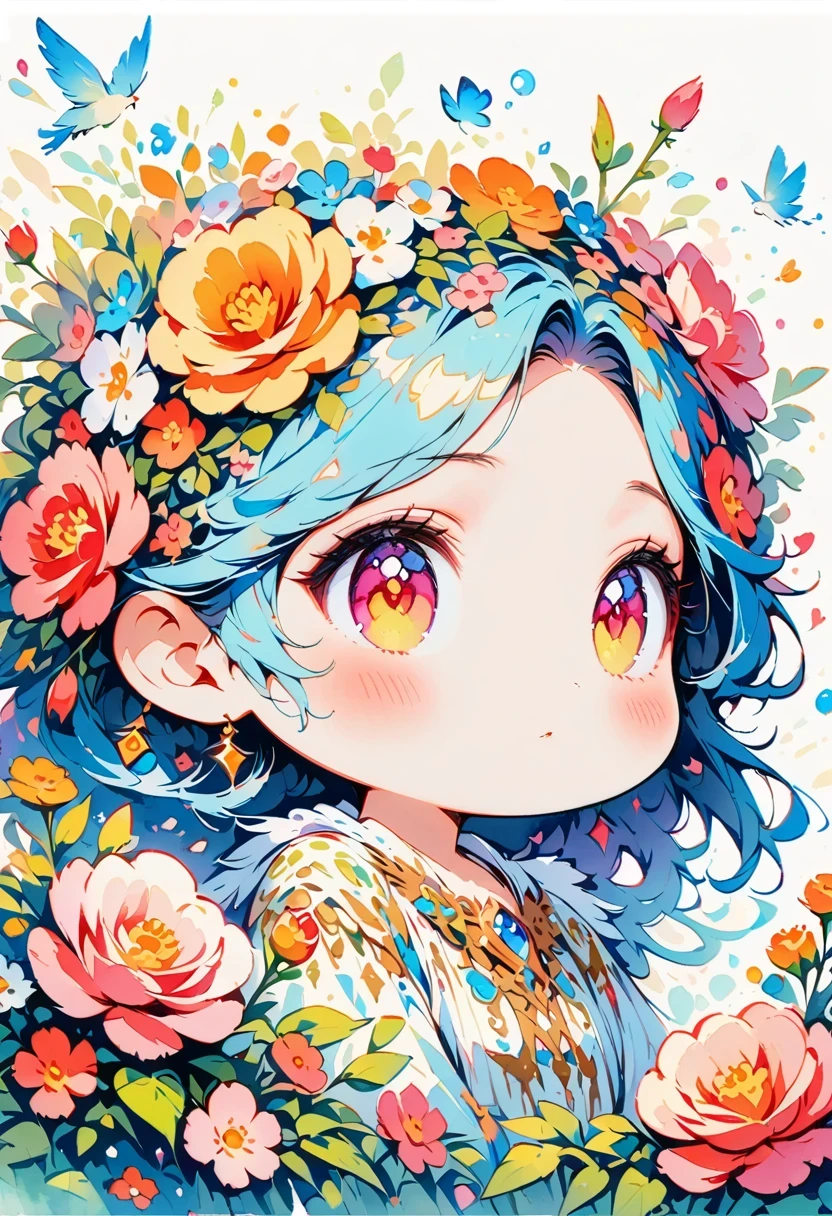 ((White background)), Watercolor beautiful wild rose fantasy art, perfect eyes，beautiful face and flowers, angel wings, chibi Lovely animation style, bright colors, intricate details, Ultra-detailed, super quality, 32k, Unreal Engine, isolated on White background, Lovely, flashing
