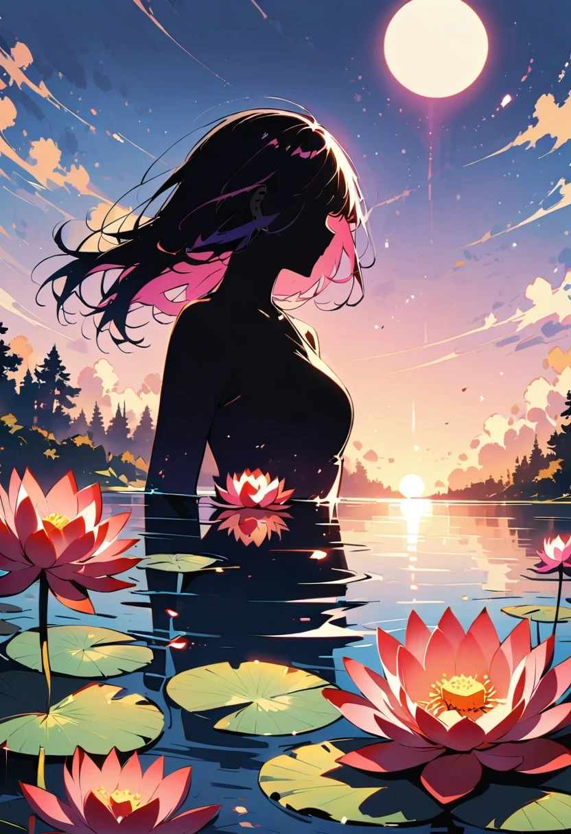 (Heroine silhouette:1.5),Powerful,on the lake,high contrast, movie lighting, mysterious atmosphere,,lotus,lotus leaf,a moon