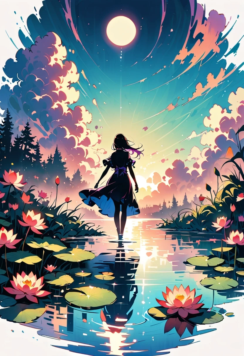 (Heroine silhouette:1.5),Powerful,on the lake，high contrast, movie lighting, mysterious atmosphere,，lotus，lotus leaf，a moon