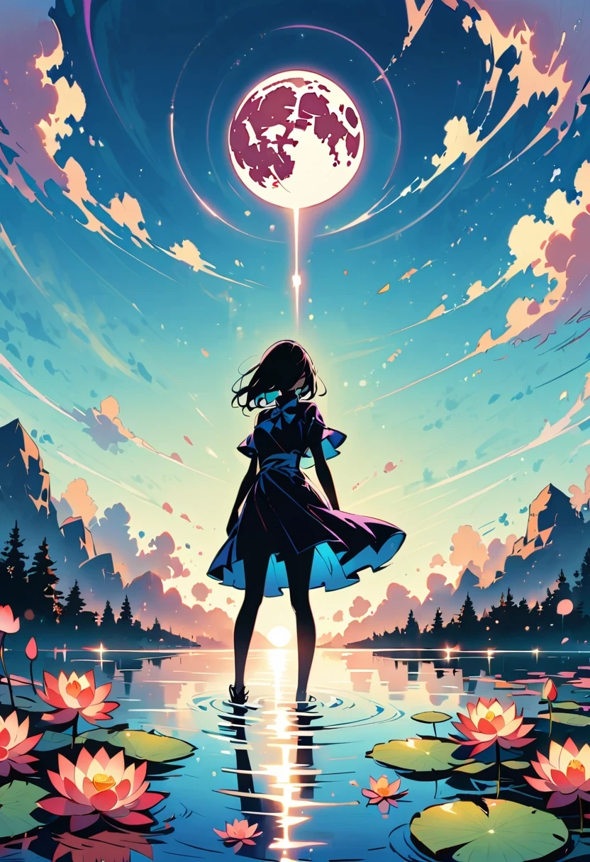 (Heroine silhouette:1.5),Powerful,on the lake,high contrast, movie lighting, mysterious atmosphere,,lotus,lotus leaf,a moon
