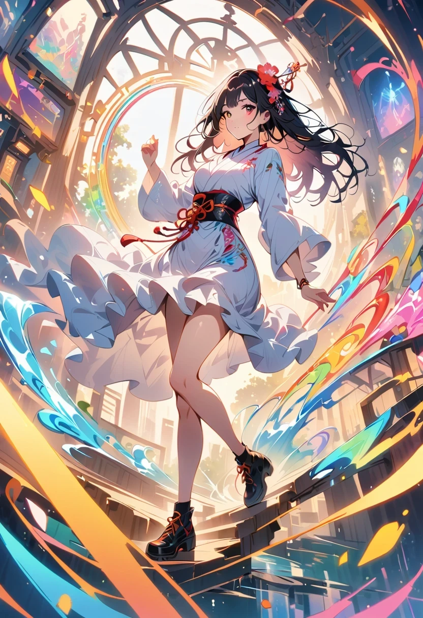 A photo of a woman in her twenties,Made of shiny white and silver translucent glass and plastic, Geisha makeup and hairstyle, Silver metal interior, dynamic poses, flowing organic structure, Glowing golden circuit, colorful neon decoration, light emitting circuit, neon decoration, Depth of field focus f/2.8, H's Art.right. jiger, Greg rightutowski