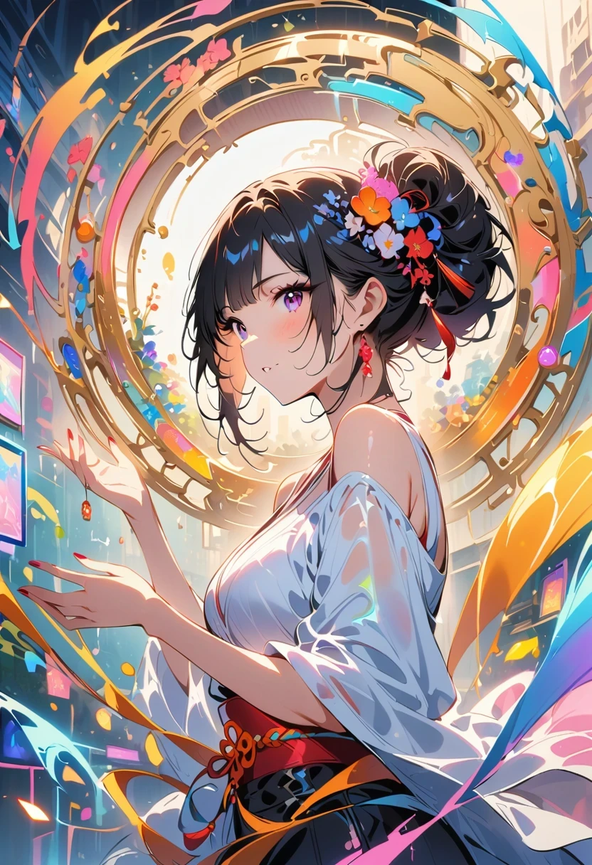 A photo of a woman in her twenties,Made of shiny white and silver translucent glass and plastic, Geisha makeup and hairstyle, Silver metal interior, dynamic poses, flowing organic structure, Glowing golden circuit, colorful neon decoration, light emitting circuit, neon decoration, Depth of field focus f/2.8, H's Art.right. jiger, Greg rightutowski