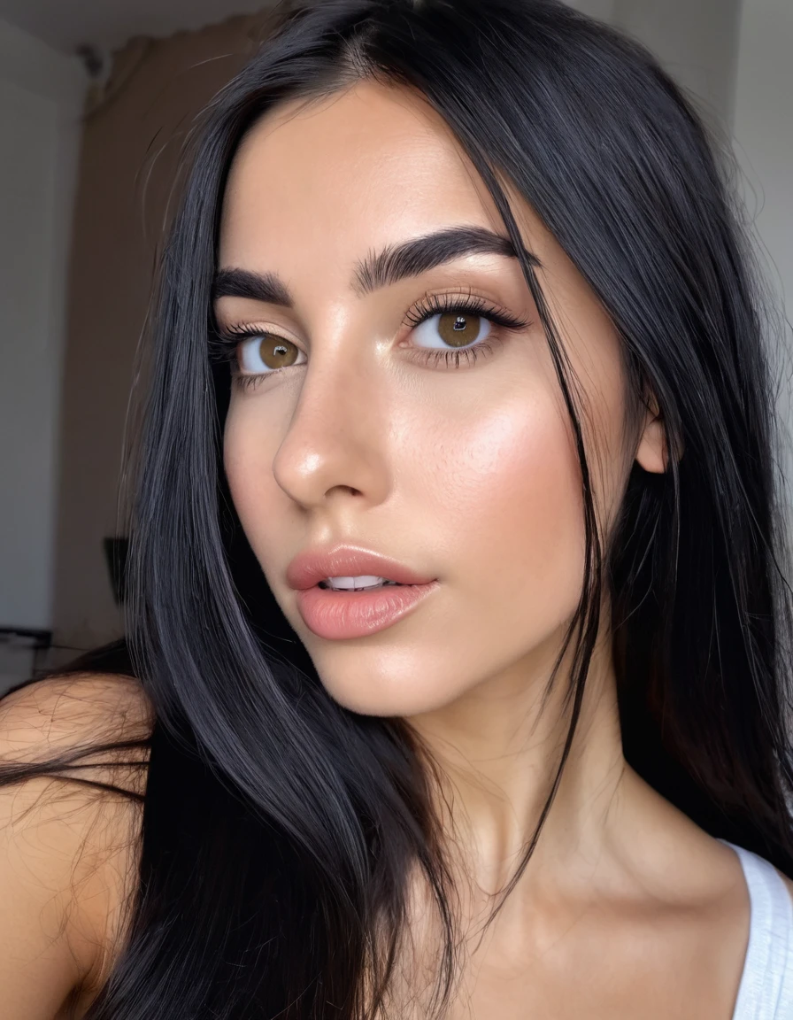 woman, 25 years old, ultra definition, (fotorrealista: 1.4), 8K, calidad premier, fondos detallados, cara delicada, maquillaje natural, foto cruda, iPhone, HDR, en lenceria, cabello negro, white skin, long hair, straight hair, Skinny body, black hair, senos medianos, ropa sexy, gorra de lana