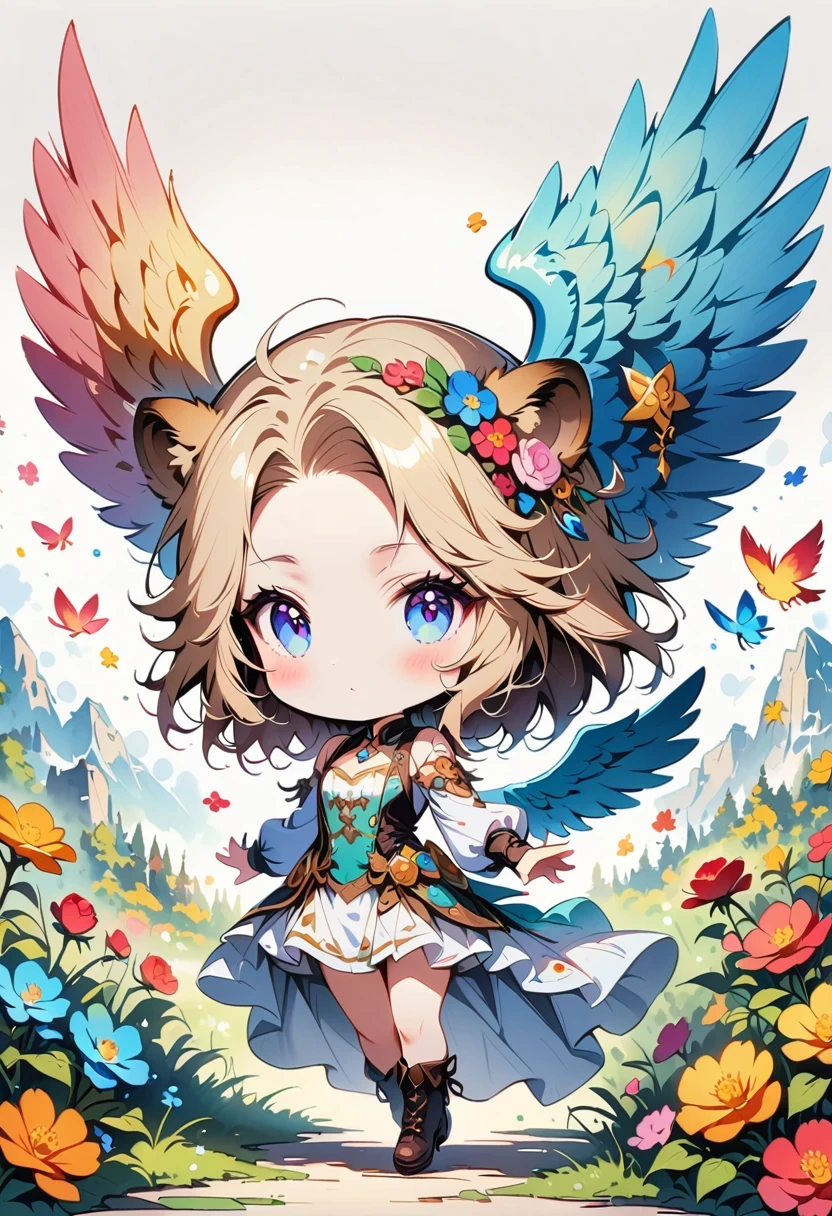 ((White background)), ((clip art )), ((sticker)), (((lion ears)), Watercolor beautiful wild rose fantasy art, perfect eyes,beautiful face and flowers, angel wings, chibi Lovely animation style, bright colors, intricate details, Ultra-detailed, super quality, 32k, Unreal Engine, isolated on White background, Lovely, flashing