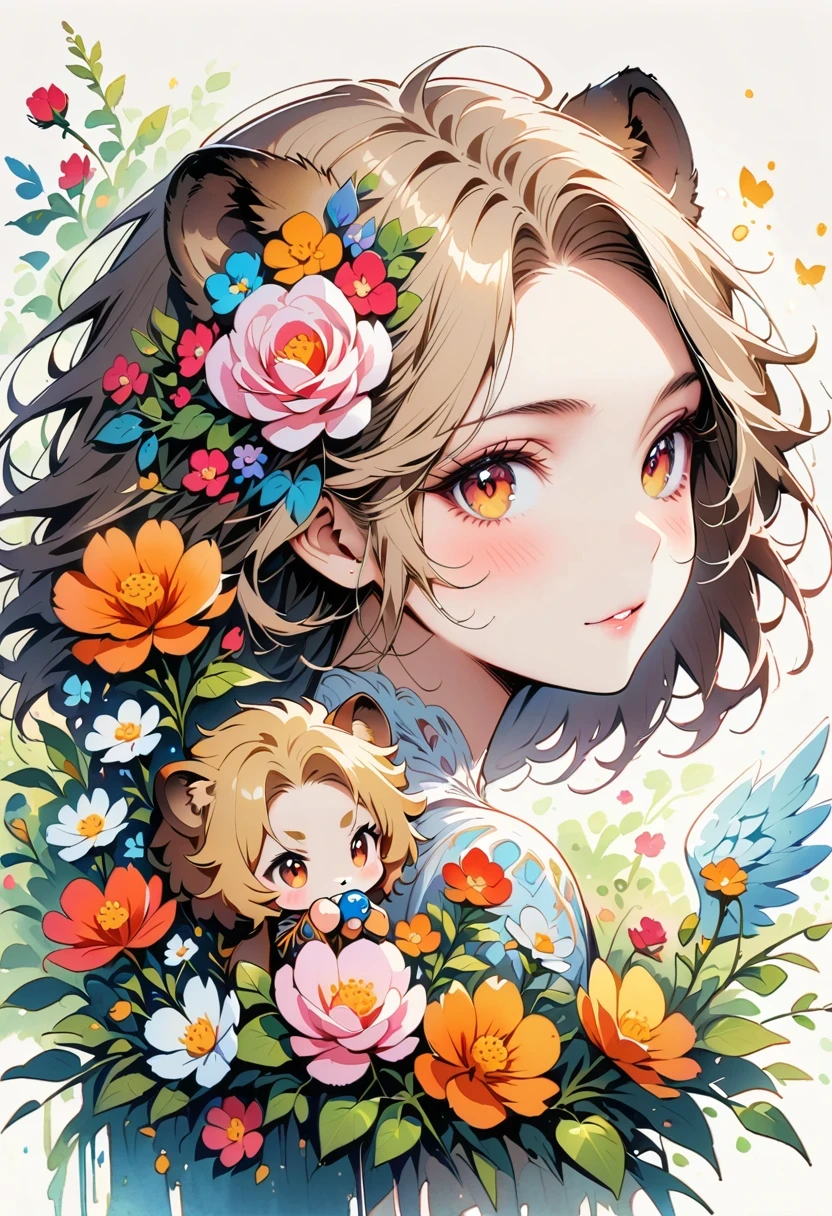 ((White background)), ((clip art )), ((sticker)), (((lion ears)), Watercolor beautiful wild rose fantasy art, perfect eyes，beautiful face and flowers, angel wings, chibi Lovely animation style, bright colors, intricate details, Ultra-detailed, super quality, 32k, Unreal Engine, isolated on White background, Lovely, flashing