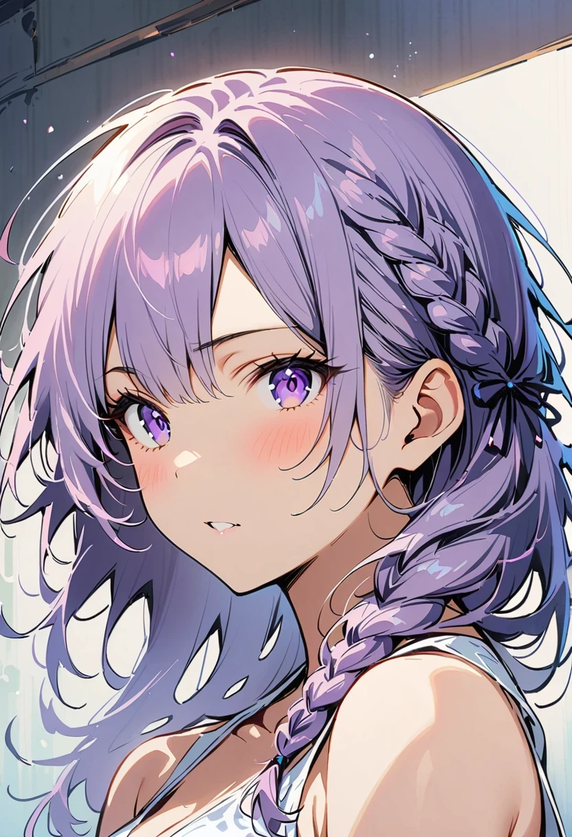 1 girl,high resolution, high quality, masterpiece, mxmk white dress, bare shoulders, purple eyes, white dress, braid