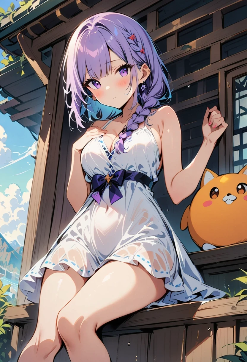 1 girl,high resolution,  high quality,  masterpiece, mxmk white dress,   shoulders, purple eyes, white dress, braid