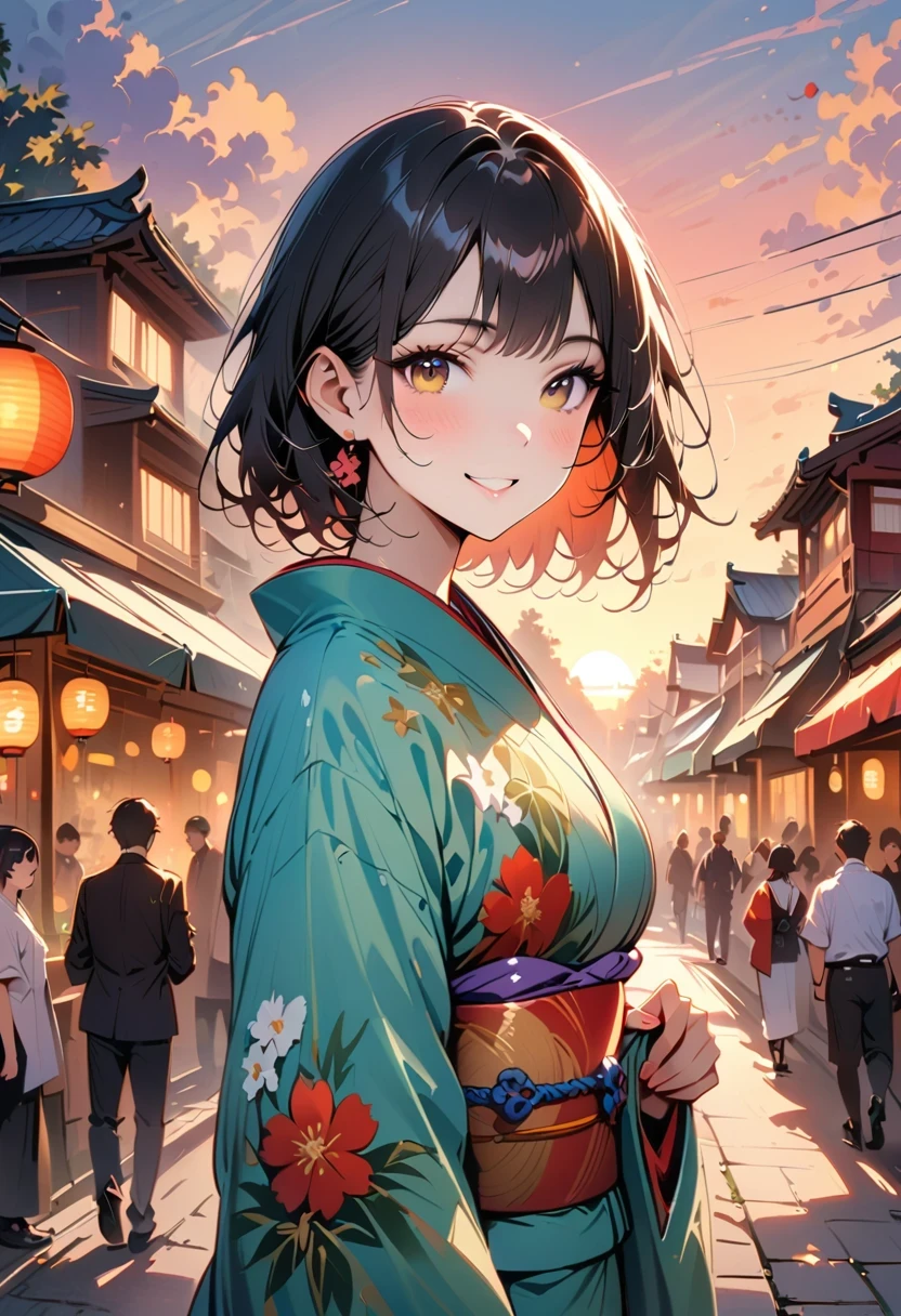 (((top quality, 8K, masterpiece))), clear focus, (Beautiful woman with perfect body), thin and long, (hairstyle: up)), ((kimono: sugar cane)), street: 1.2 highly detailed faces and skin textures detailed eyes double eyelids in random poses, (Smile),super cute Japan person,super beauty Japanese girl, realistic face, double eyelids,Smile,summer festival , at sunset ,Fireworks background.