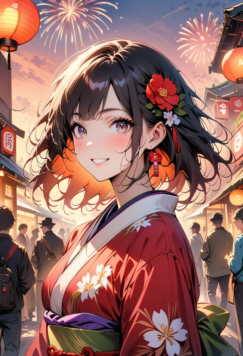 (((top quality, 8K, masterpiece))), clear focus, (Beautiful woman with perfect body), thin and long, (hairstyle: up)), ((kimono: sugar cane)), street: 1.2 highly detailed faces and skin textures detailed eyes double eyelids in random poses, (Smile),super cute Japan person,super beauty Japanese girl, realistic face, double eyelids,Smile,summer festival , at sunset ,Fireworks background.