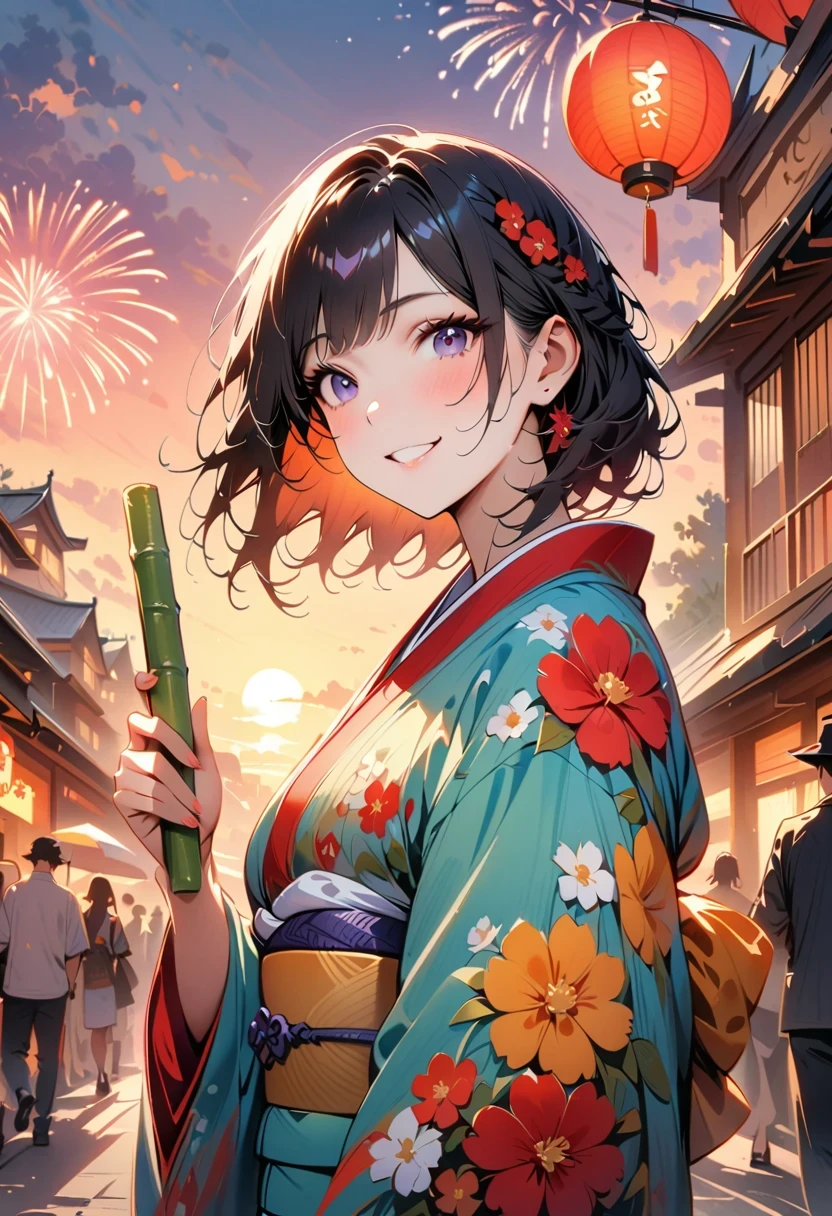 (((top quality, 8K, masterpiece))), clear focus, (Beautiful woman with perfect body), thin and long, (hairstyle: up)), ((kimono: sugar cane)), street: 1.2 highly detailed faces and skin textures detailed eyes double eyelids in random poses, (Smile),super cute Japan person,super beauty Japanese girl, realistic face, double eyelids,Smile,summer festival , at sunset ,Fireworks background.