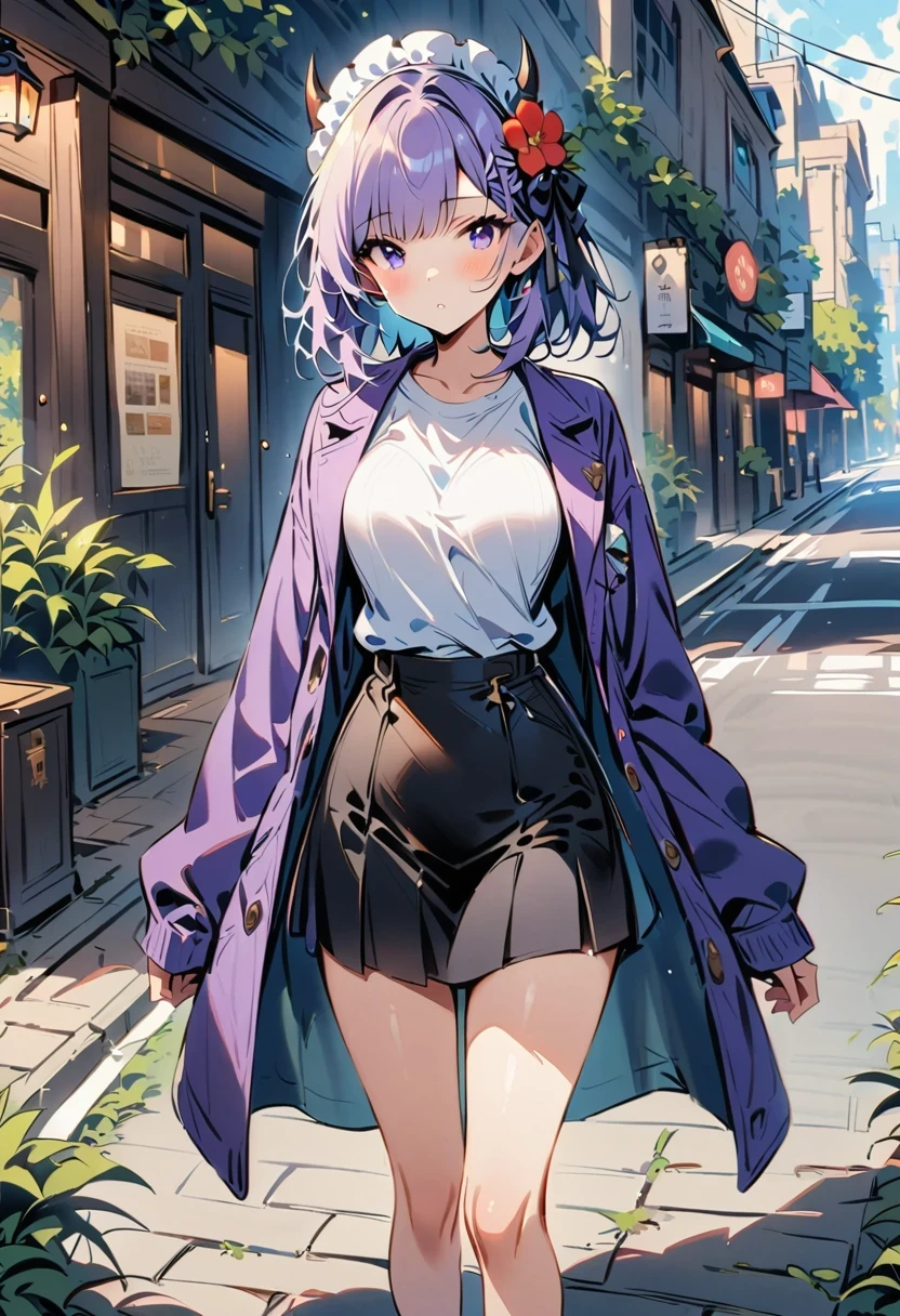 masterpiece, best quality, high resolution, HMSL1, horned headdress, hair flower, x hair accessories, white sweater, purple jacket, flower, long sleeve, Open your clothes, black bow, Sleeves extend beyond wrists, skirt, Cowboy shooting, outdoor, street, permanent