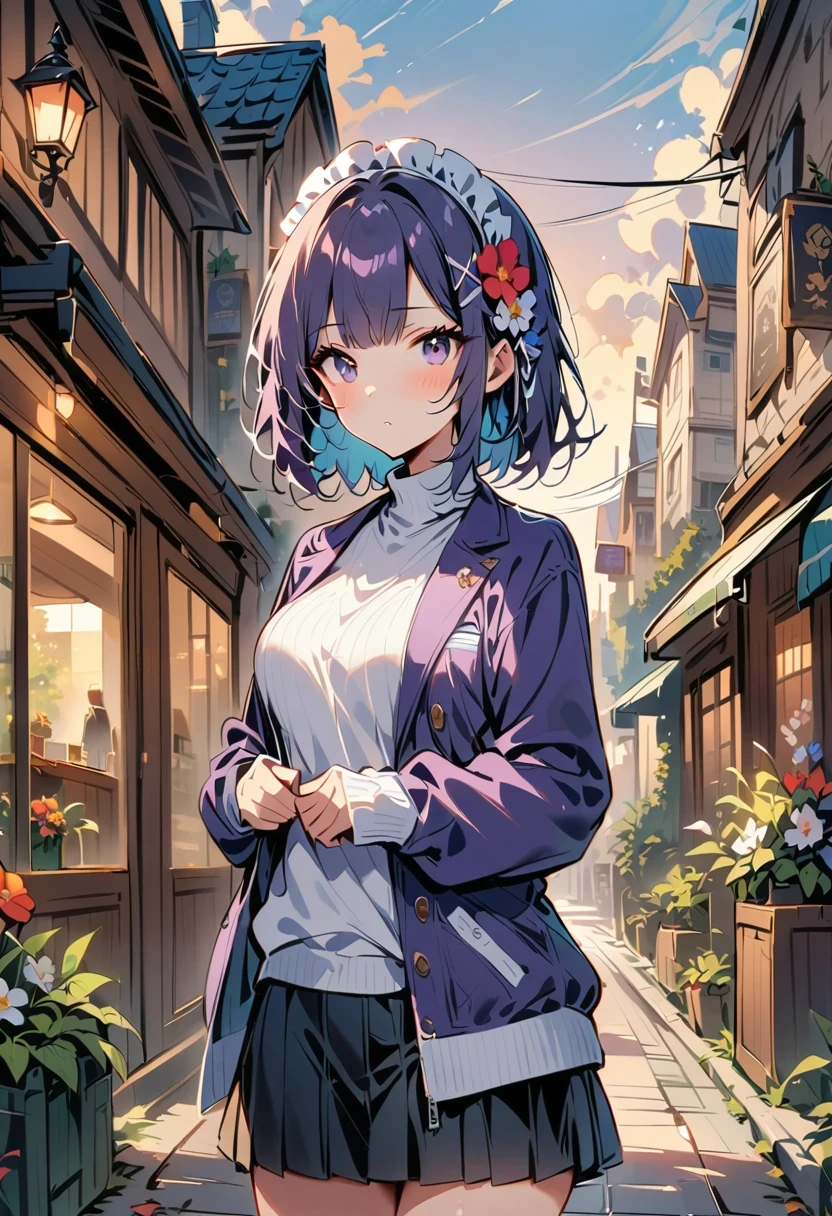 masterpiece, best quality, high resolution, HMSL1, horned headdress, hair flower, x hair accessories, white sweater, purple jacket, flower, long sleeve, Open your clothes, black bow, Sleeves extend beyond wrists, skirt, Cowboy shooting, outdoor, street, permanent