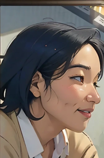 Risa, black haired japanese girl, short black hair, sitting in classroom in uniform , cute, beautiful, realistic style, highly detailed, 4k, look at camera, face close-up, laughing, ((golden ratio, center frame)), (((RISA))), face in center of picture, moonlight