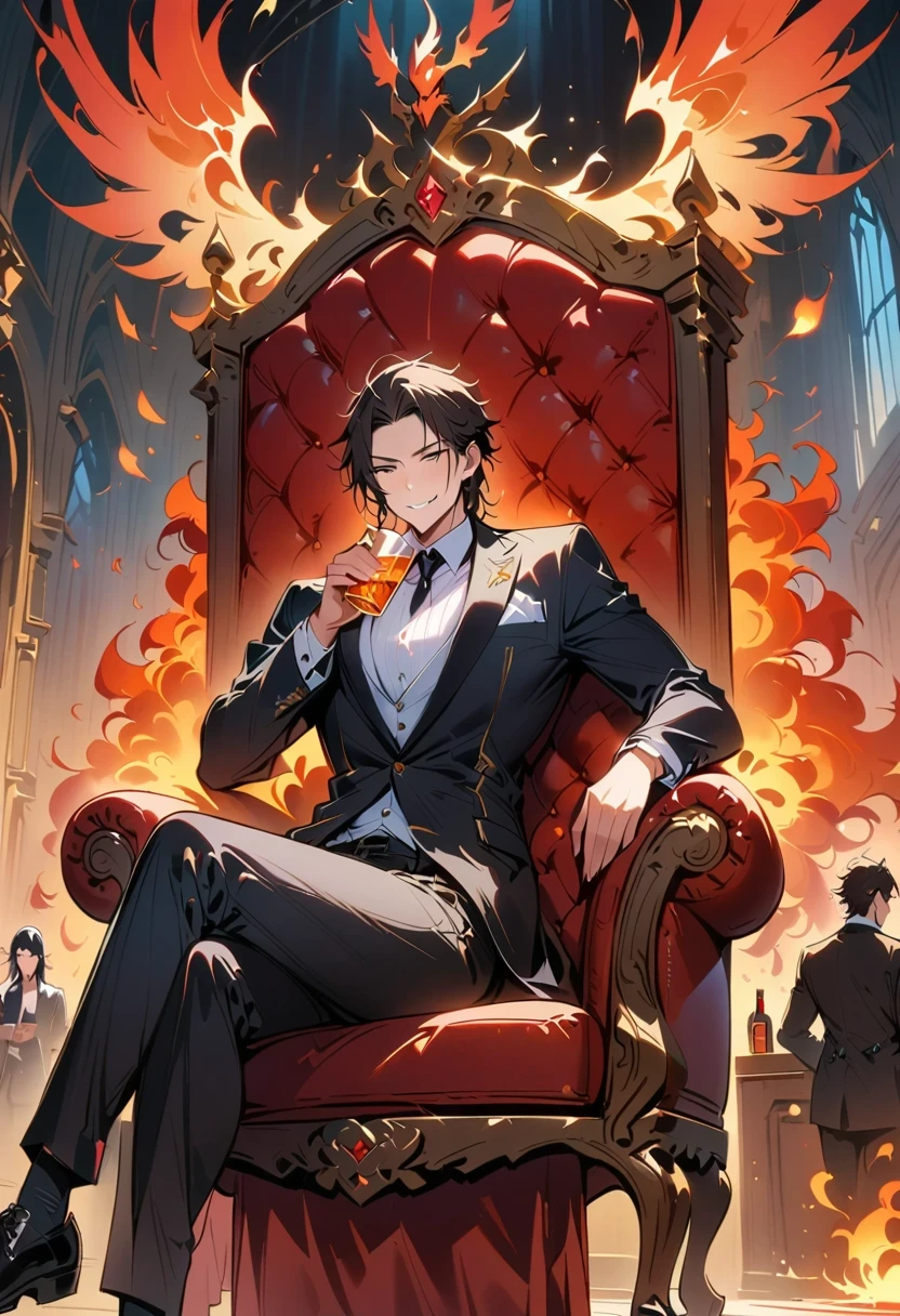 (8K, best quality, masterpiece:), Lucifer Morningstar, A dark-haired British male angel, naughty smile, burning wings, devil, fallen angel, flames in background, detail, dark suit, Club theme, 1:1 scale, Sitting on the throne drinking whiskey, detail, actual