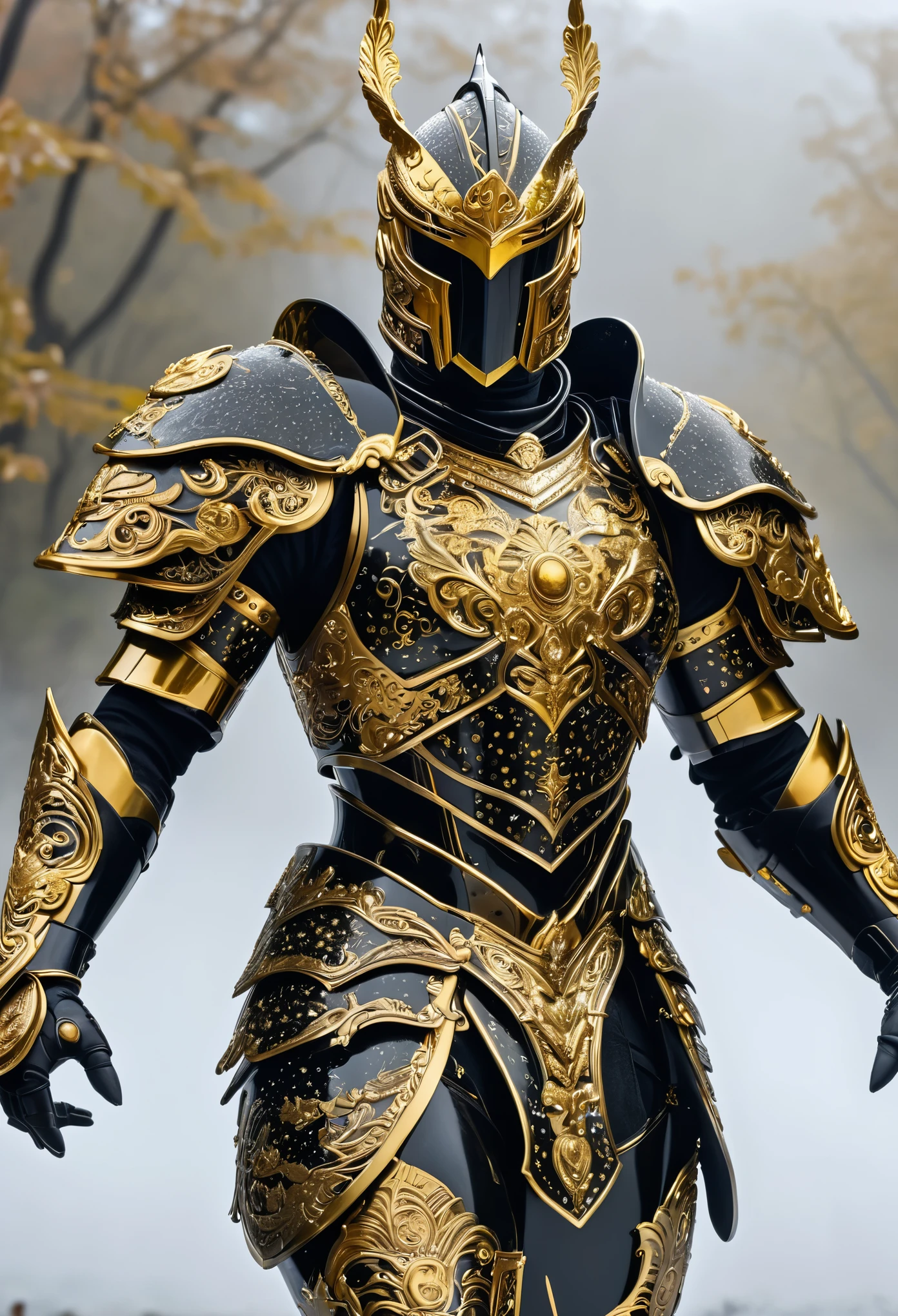 A black and gold armored warrior with intricate, lifelike details emerges from the mist, striking a noble pose, adorned with gold accents and glistening armor, beauty and power personified.