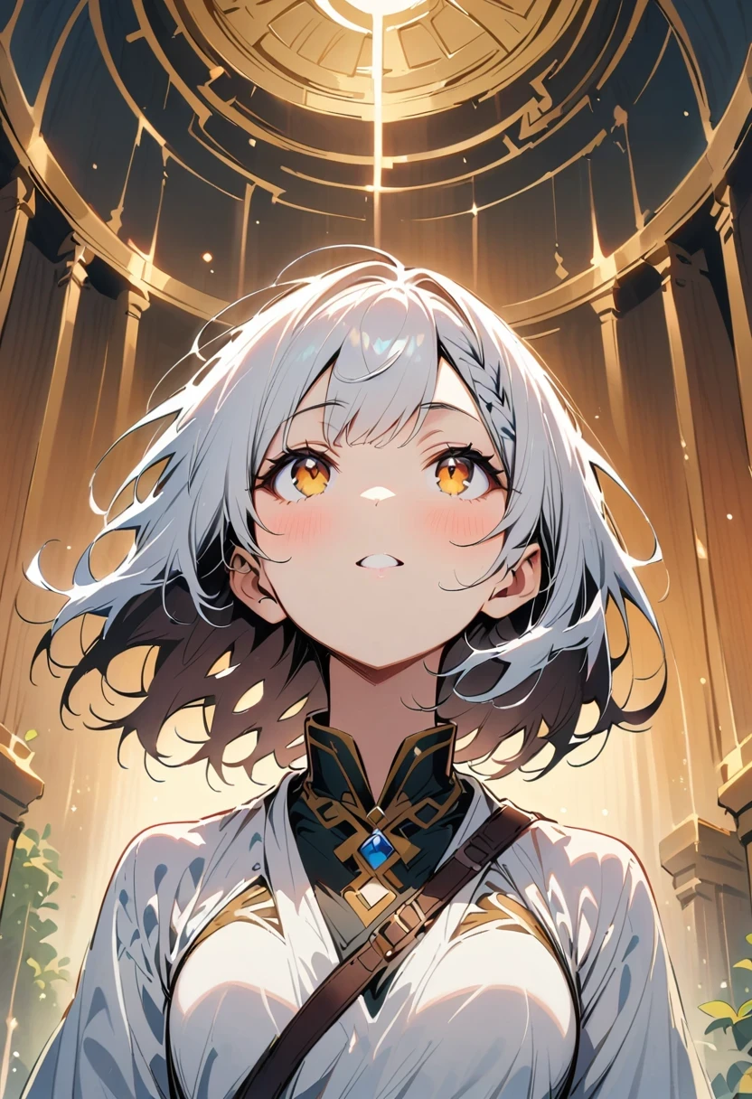 best quality, masterpiece,white hair, golden eyes,White clothes, look up, Upper body,Hair,White skin,side braid