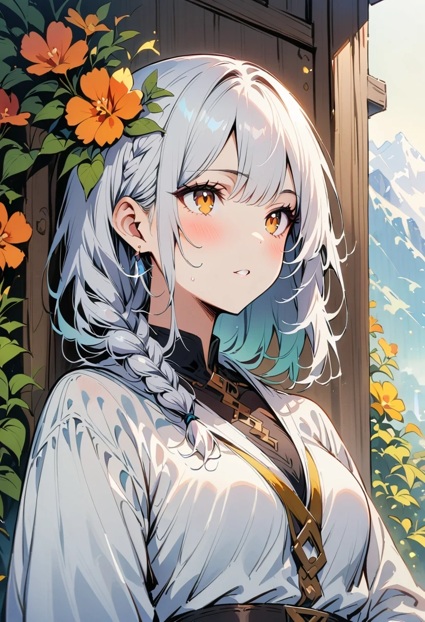 best quality, masterpiece,white hair, golden eyes,White clothes, look up, Upper body,Hair,White skin,side braid