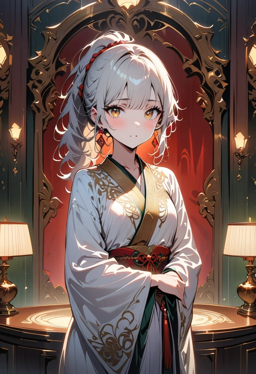 (best quality, masterpiece:1.2), ultra high resolution, actual, front lighting, intricate details, Exquisite details and textures, 1 girl, alone ,(young), face highlight, Upper body, Detailed face, tear nevus, white skin, silver hair, ponytail, braids hair, looking at the audience, big eyes, silk robe, (hollow pattern, white, silk), earrings, small breasts, slim, VIP room, professional lighting, photon mapping, Radiosity, Physically based rendering,