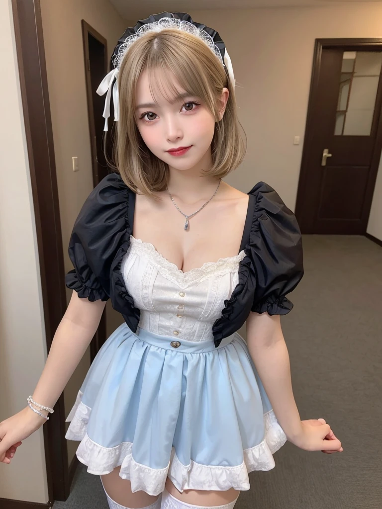 (8K, Photorealistic, Raw photo, of the highest quality: 1.3), (1girl in), Super beautiful, (Realistic face), (boyish, Silver Color Berry Shorthair), Beautiful , Glare that captivates the viewer, Beautiful expression, Beautiful breasts, (Realistic skin), Be...Super high quality, super high definition, super detailed, masterpiece, 20years old, female, cute, perfect face, beautiful, gothic ta clothes, gothic loliashion, frilly skirt, headdress, necklace, bracelet, knee-high socks, boots, double eyelids, tear bags, Detailed down to the fingers, photo-like description, indoors, dim indoor lighting, blonde hair, semi long, standing, whole body, composition that shows the whole body, smiling