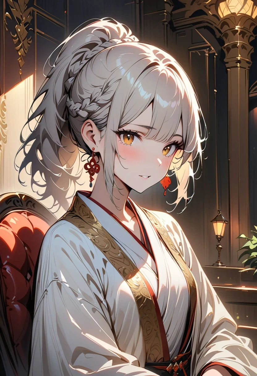 (best quality, masterpiece:1.2), ultra high resolution, actual, front lighting, intricate details, Exquisite details and textures, 1 girl, alone ,(young), face highlight, Upper body, Detailed face, tear nevus, white skin, silver hair, ponytail, braids hair, looking at the audience, big eyes, silk robe, (hollow pattern, white, silk), earrings, small breasts, slim, VIP room, professional lighting, photon mapping, Radiosity, Physically based rendering,