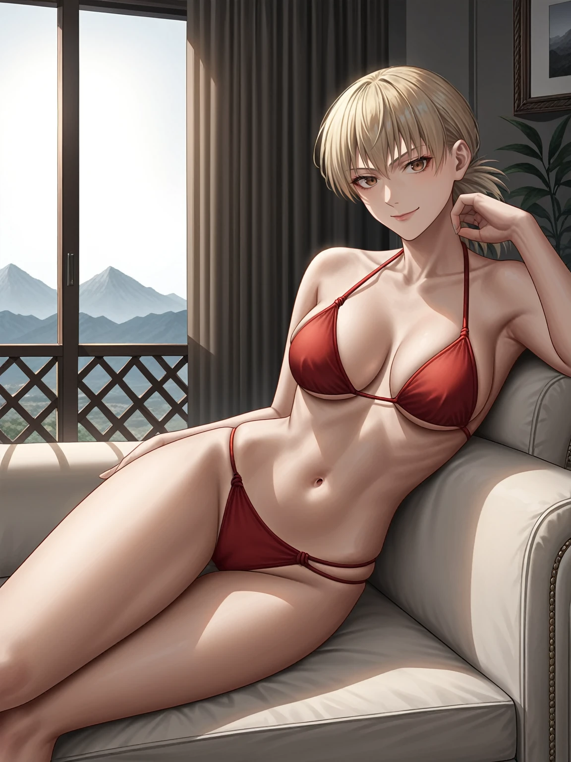 source_anime,score_9,score_8_up, score_7_up, 1girl,solo,outdoors,hellsing, seras victoria, couch, indoors, seductive, face closeup, ((closed mouth)), smirk, thighs, long shot, balcony, mountain background, fancy, white couch, laying, leaning, fronr view, red underwear, red panties with rope outline, fur bikini