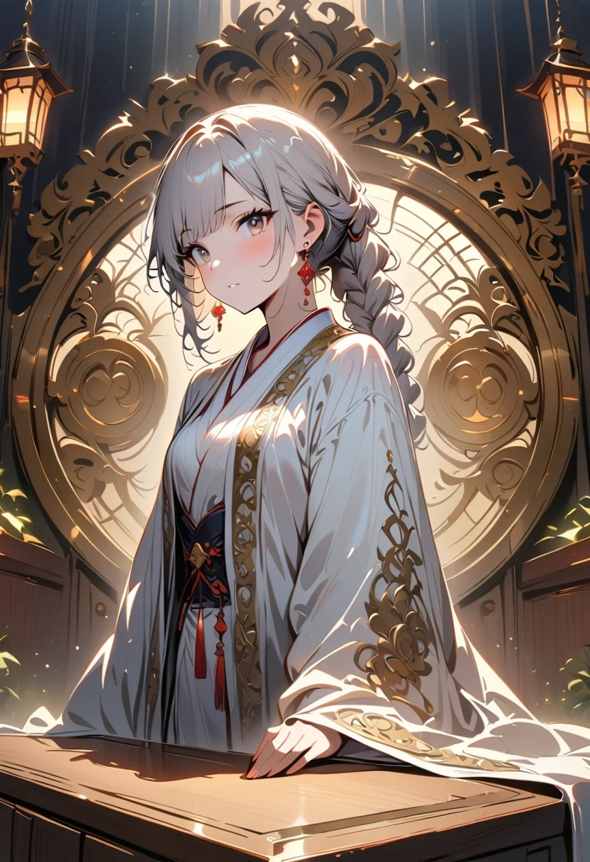 (best quality, masterpiece:1.2), ultra high resolution, actual, front lighting, intricate details, Exquisite details and textures, 1 girl, alone ,(young), face highlight, Upper body, Detailed face, tear nevus, white skin, silver hair, ponytail, braids hair, looking at the audience, big eyes, silk robe, (hollow pattern, white, silk), earrings, small breasts, slim, VIP room, professional lighting, photon mapping, Radiosity, Physically based rendering,