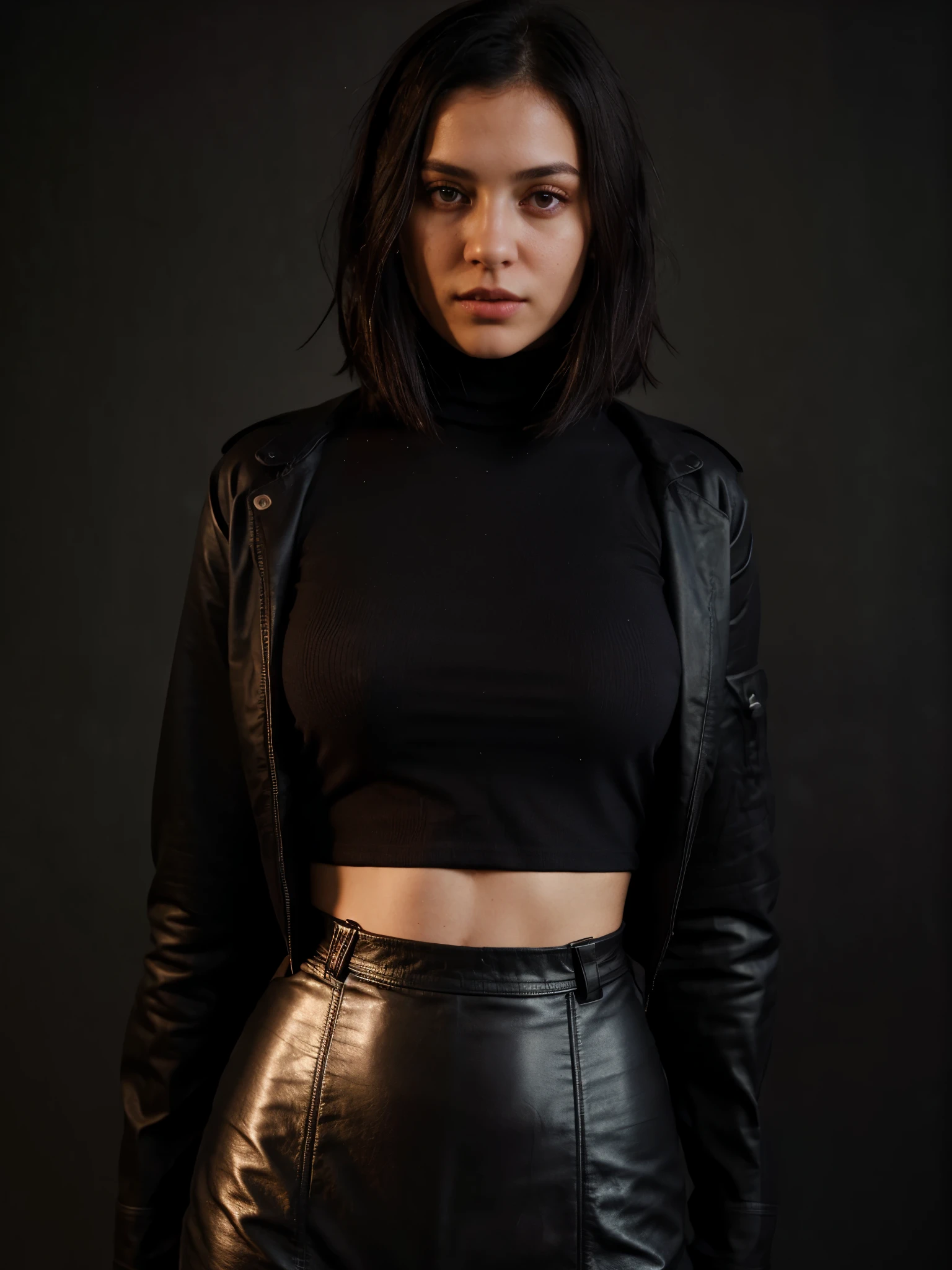 A stunning intricate full color portrait of (sks woman:1), wearing a black turtleneck t-shirt with cropped in the belly part and layered with black leather jacket, cropped turtleneck, layered with jacket, dark plain background, epic character composition, by ilya kuvshinov, alessio albi, nina masic, sharp focus, natural lighting, subsurface scattering, f1.8, 35mm, film grain, black bob hair, black hair, sexy haircut 