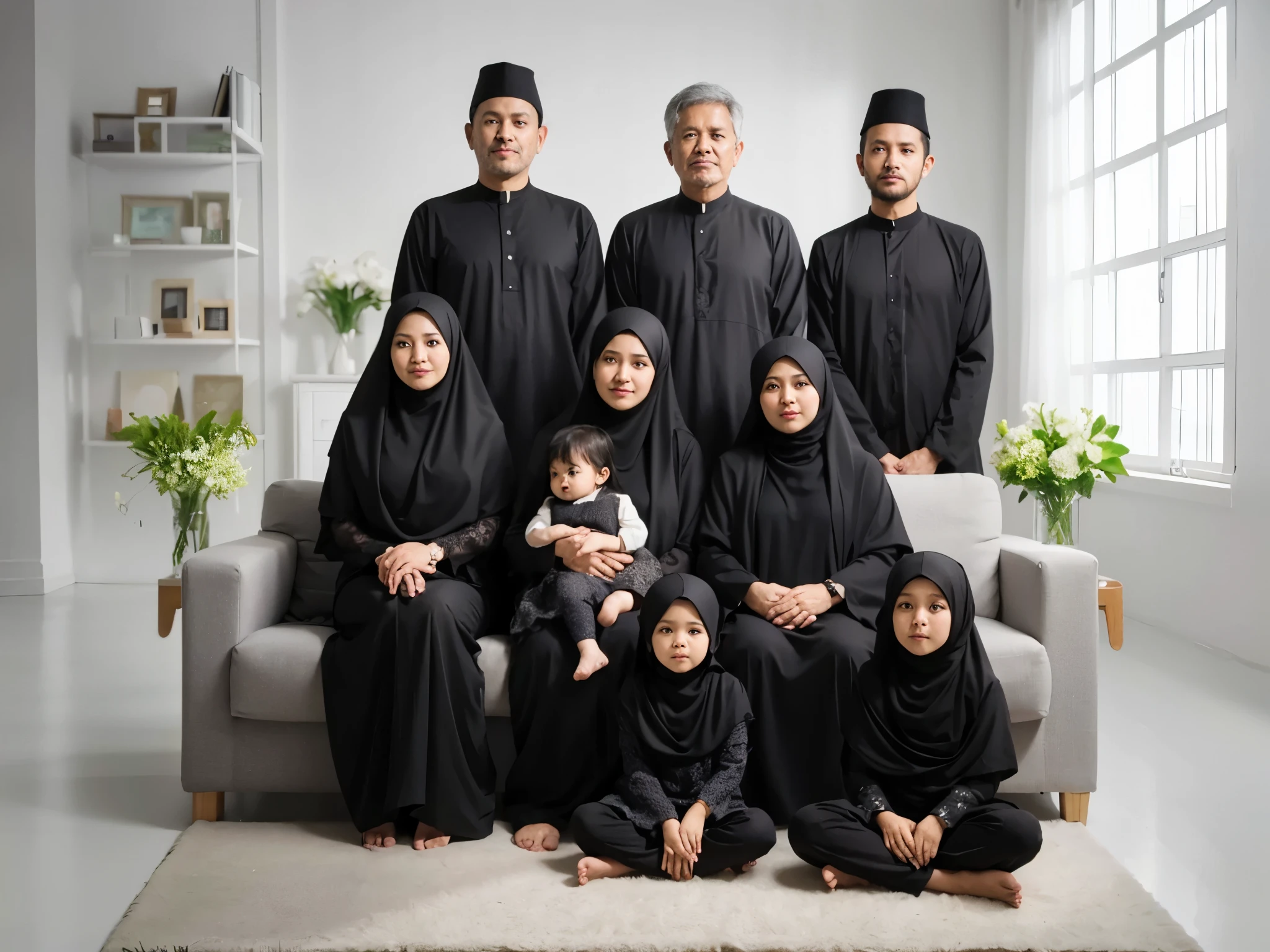 Family photo in Indonesia, nine members. Three 50 and 35 year old men standing, three 50 and 30 year old women sitting on the couch, holding a 1 year old daughter, and 2 10 and 6 year old daughters (wearing hijab) sitting cross-legged in front, all wearing typical black Malay Muslim clothes, and sharia robes, the same and harmonious black color, long hijab, studio photo, bright living room, white lighting, green flower vase, SUPER DETAIL, realistic, ultra HD, 8K.