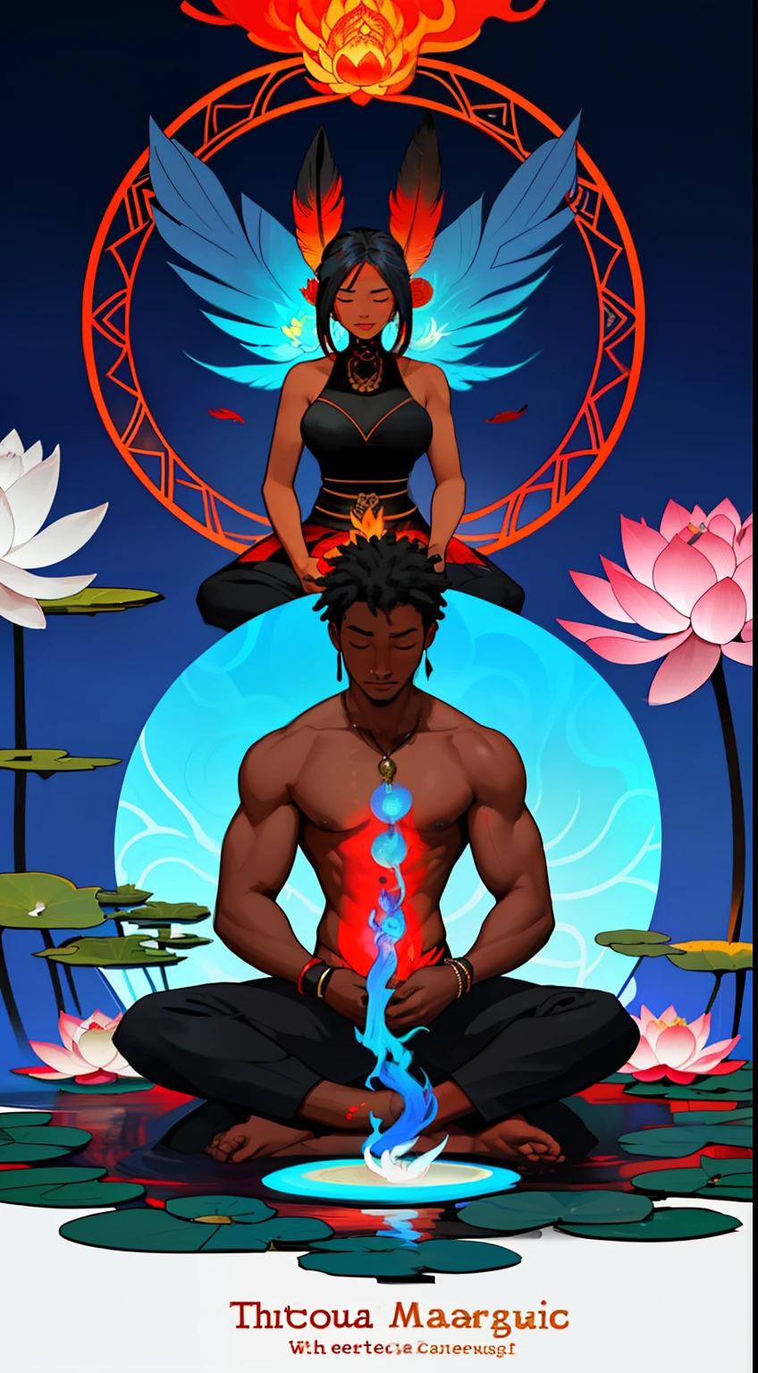 black man making a massage on a woman.Surrounding are vibrant lotus,fire and feathers in various shades of magical blue and red,energical vibration