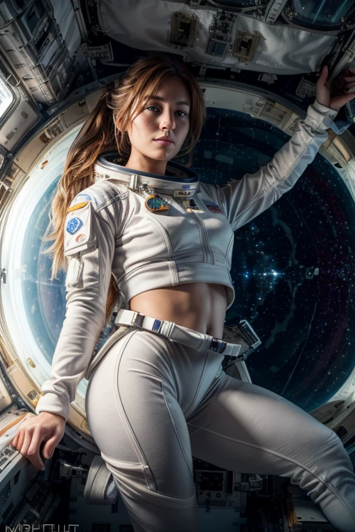 Long range shooting, low angle shot, a beautiful woman，Female astronaut，beautiful face，beautiful eyes，高度detailed细节， (((inside the spacecraft))), 25 years old, in space，Floating weightlessly in the air of a spaceship, Very messy hair，Floating long hair, zero gravity, Earth view from space station window, Wearing tight white spandex hot pants and a white sports top,complicated clothes， Various floating liquids，Various floating boxes，4k extremely lifelike, uhd 4k highly detailed, ((ethereal lights, ultra high resolution.lifelike:.1.4, (high detailed skin:1.2), 8K Ultra HD, DSLR camera, high quality, film grain, Fuji XT3,(masterpiece) (best quality) (detailed) (movie lighting) (sharp focus) (complex)