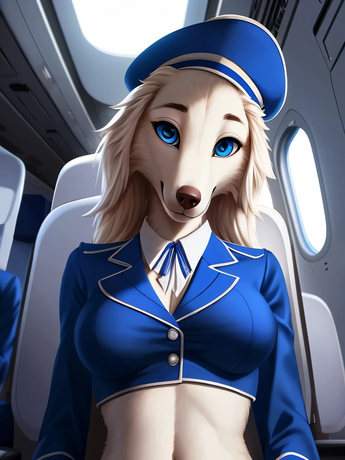 (by whisperingfornothing), solo, female borzoi,canine, (cinematic lighting:1.1), (perfect focus:1.1), 8k hd, photo, (detailed eyes:1.2),depth of field, bokeh, subsurface scattering, perfect breasts, wide angle,(Stewardess, uniform, blue uniform,neckline, navel,stewardess hat) bright colors, (furry detail:1.3),simple background,airplane cabin, inside a plane, window,seats of an airplane, interior stage of an airplane, realistic, photorealistic, ultra realistic,(short tail,smooth tail),smile, (realistic fur:1.1), ((beautiful eyes, blue eyes,pixar style eyes)),two skin tones