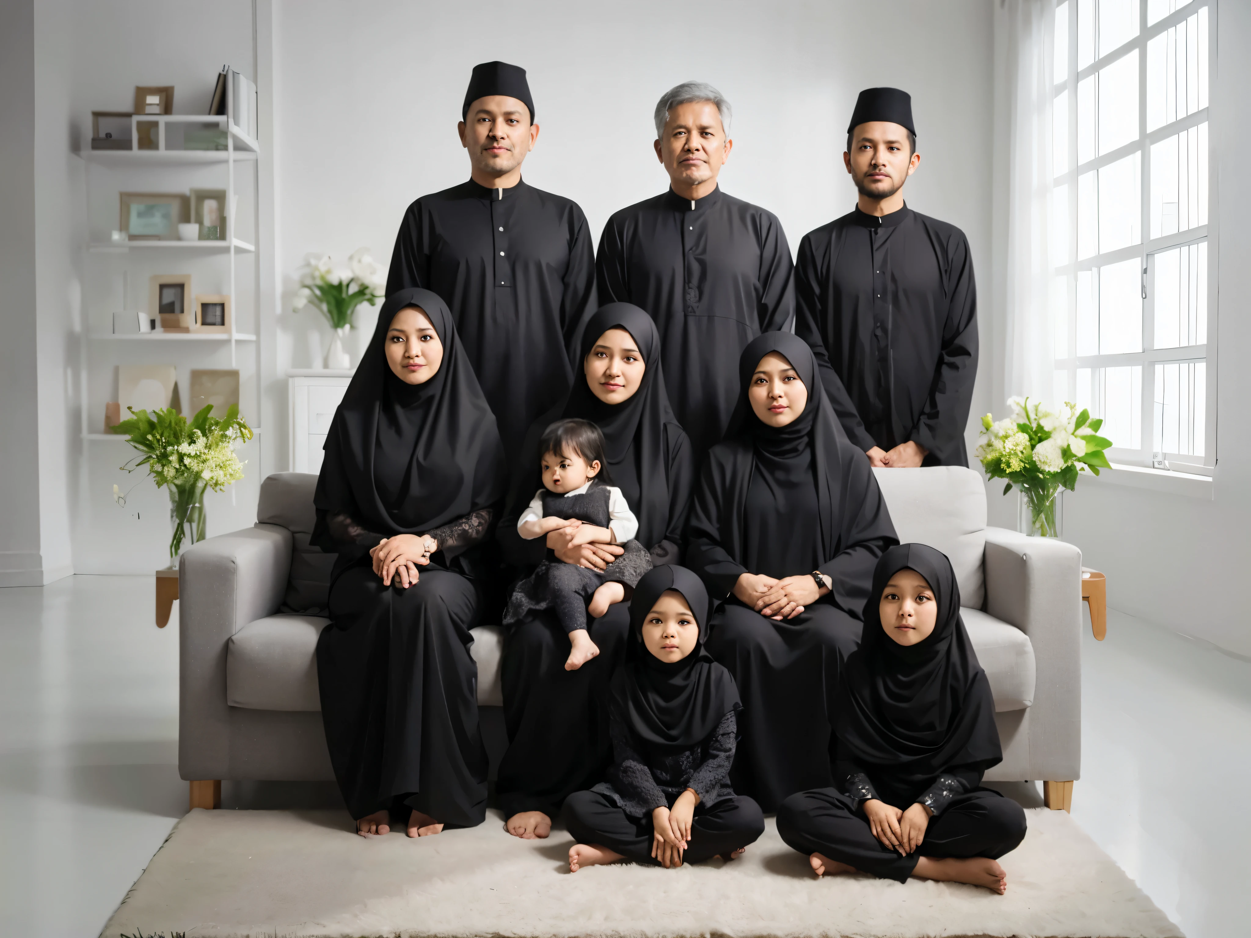 Family photo in Indonesia, nine members. Three 50 and 35 year old men standing, three 50 and 30 year old women sitting on the couch, holding a 1 year old daughter, and 2 10 and 6 year old daughters (wearing hijab) sitting cross-legged in front, all wearing typical black Malay Muslim clothes, and sharia robes, the same and harmonious black color, long hijab, studio photo, bright living room, white lighting, green flower vase, SUPER DETAIL, realistic, ultra HD, 8K. 