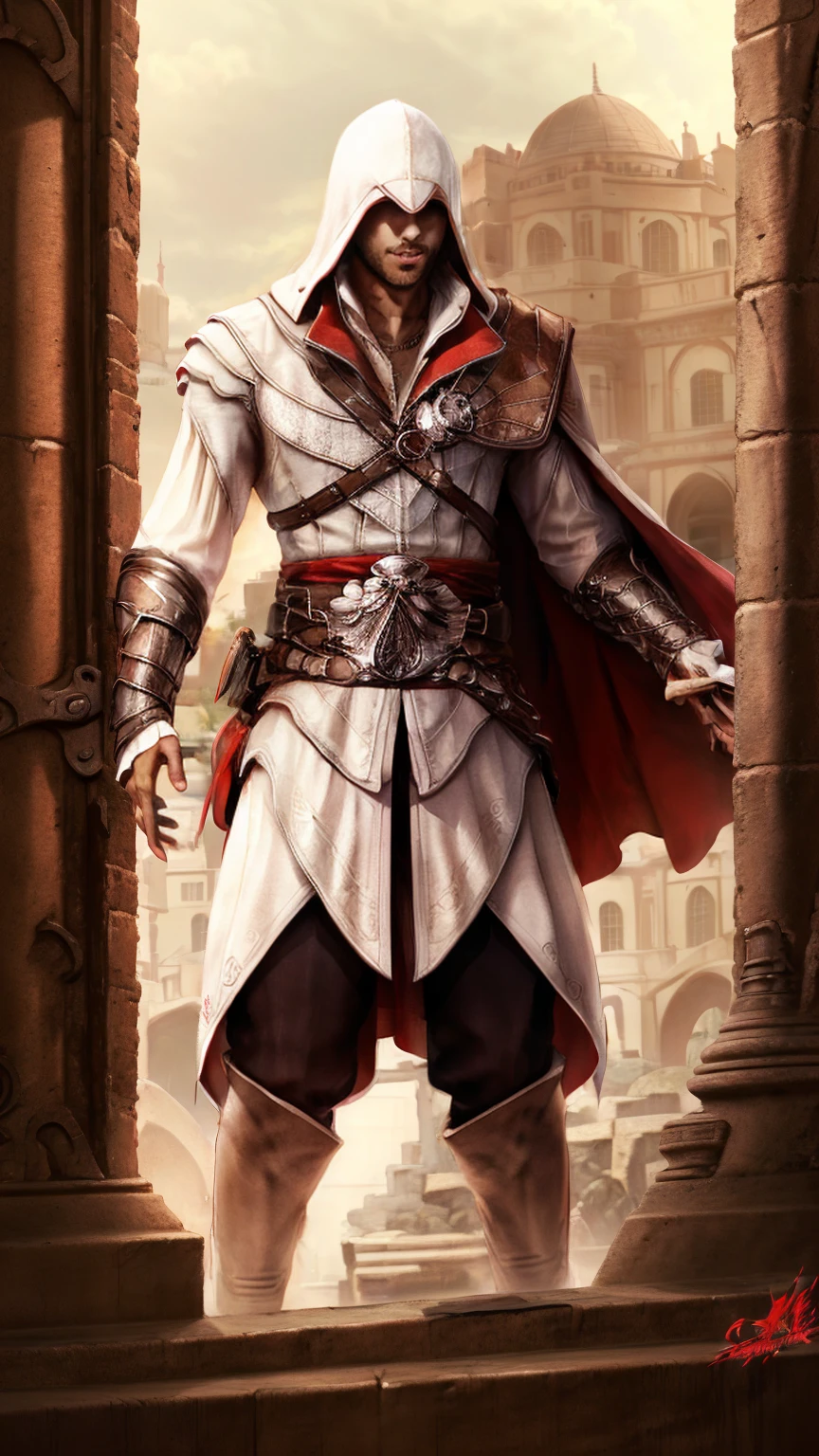 (obra de arte, maximum quality, Melhor qualidade, arte oficial, detalhado:1.2),ezio_alma3142, Sozinho, luvas, 1 ******, arma, foco masculino, blade, capuz, cape, armaduras, Clamps