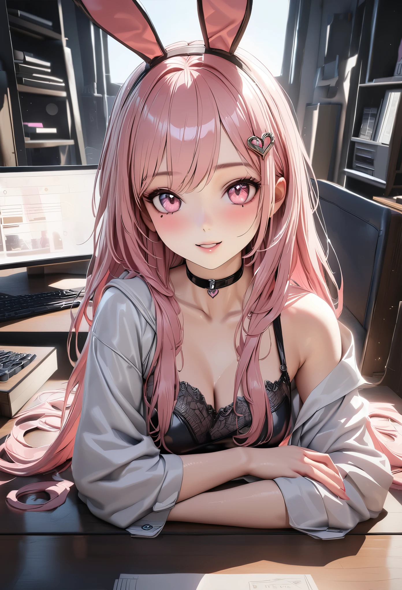 master piece,highest quality, Super detailed, High resolution, expensive resolution, HDR, 4k, 8K, unity 8k wallpaper, Super detailed CG, masterpiece, realistic, photorealistic, 2D, 3D, beautiful details, depth, fine texture , super fine: 1.3, Fully focused, Crispy.skin, .he,
Very cute anime girl with Pink semi-long hair wearing expensive , one girl, smile、alone, Pink semi-long hair, animal ears, Bunny ears, office、Business service、computer、disk、mole under the eye, looking at the viewer , expensive , blush, mole, Bunny ears, parted lips, hair ornaments, heart, pink eyes, choker