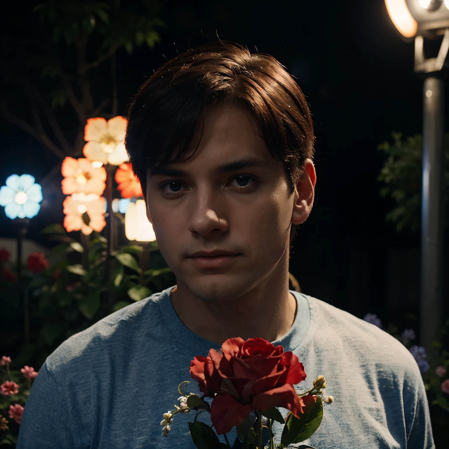 Roy with blue and red light around it and flowers