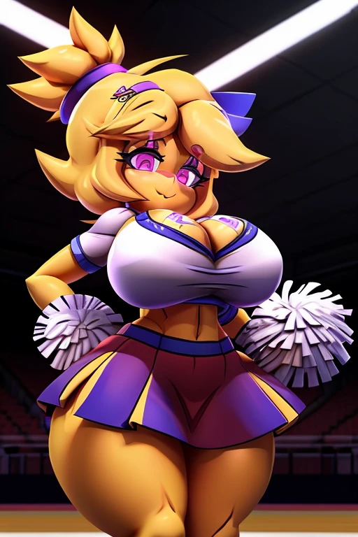 (best quality, masterpiece1.2), 1girl, solo, human, cally3d, (chiku), yellow body, cheerleader, skirt, hair clips, pink eyes, eyeliner, woman, sexy, detailed, extreme detail, perfect lighting, 4k, cleavage, wrist bands, tall,