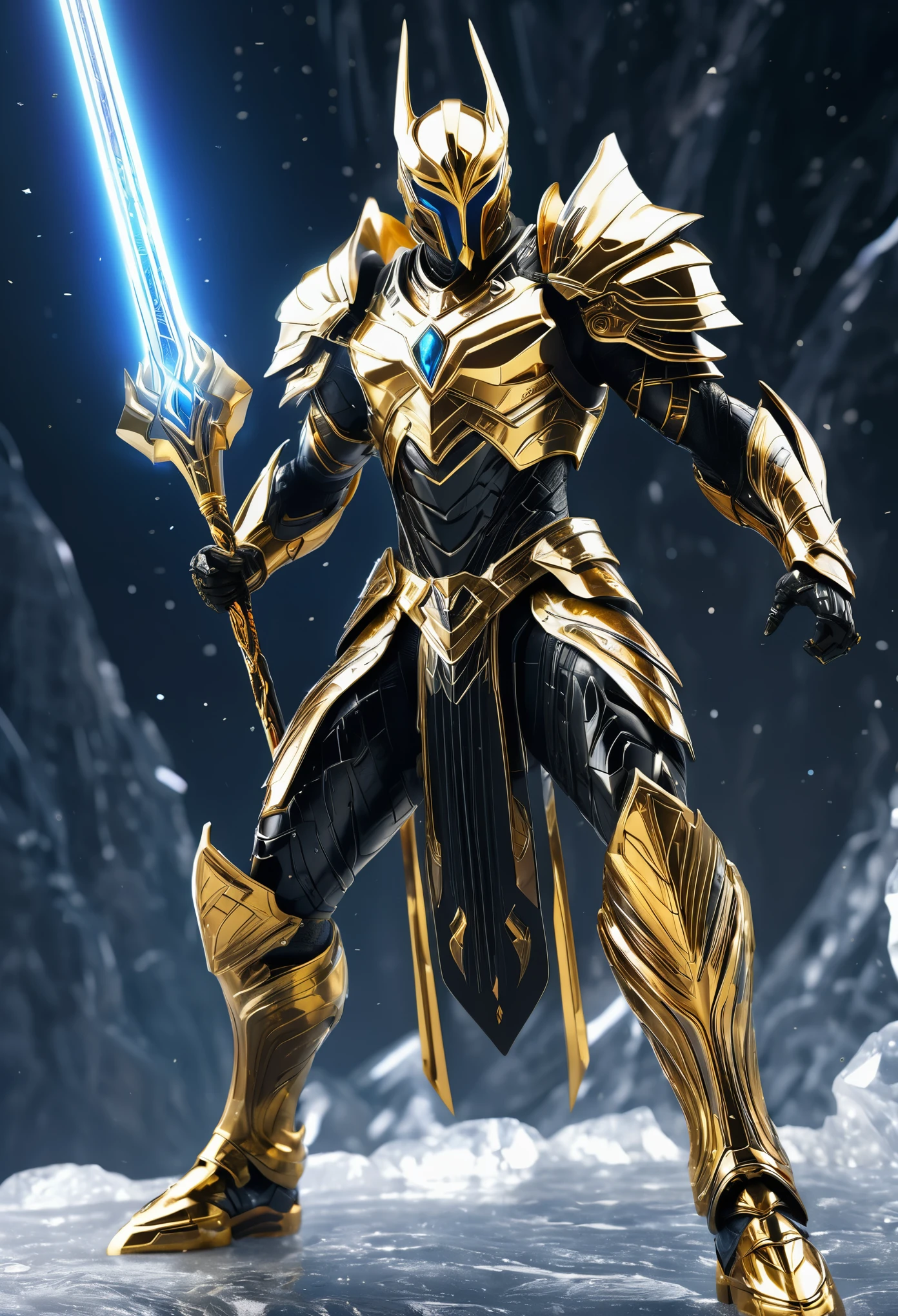 Create an image of a futuristic, black and gold skin-clad warrior, with intricate metallic armor detailing, wielding a sleek energy sword, standing triumphantly atop a towering crystal formation, casting an ethereal energy aura.