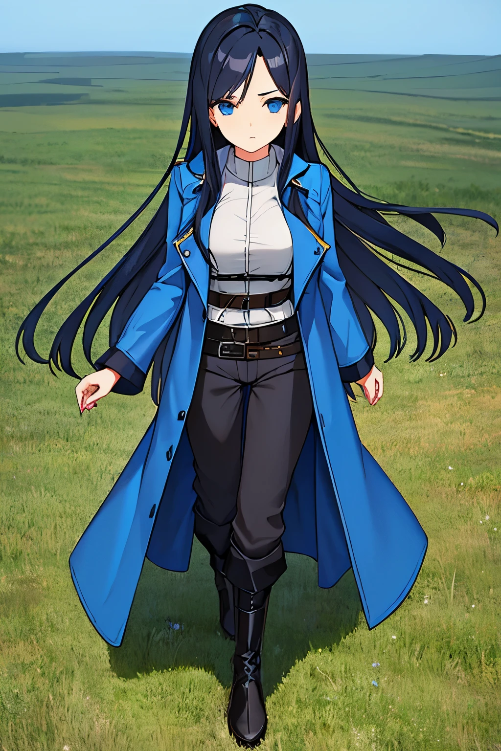 1girl, Black straight long hair, Blue eyes, (Detailed face), Full body, ((intense Blue trench coat)), medieval, (Grasslands bakcground), masterpiece, black pants