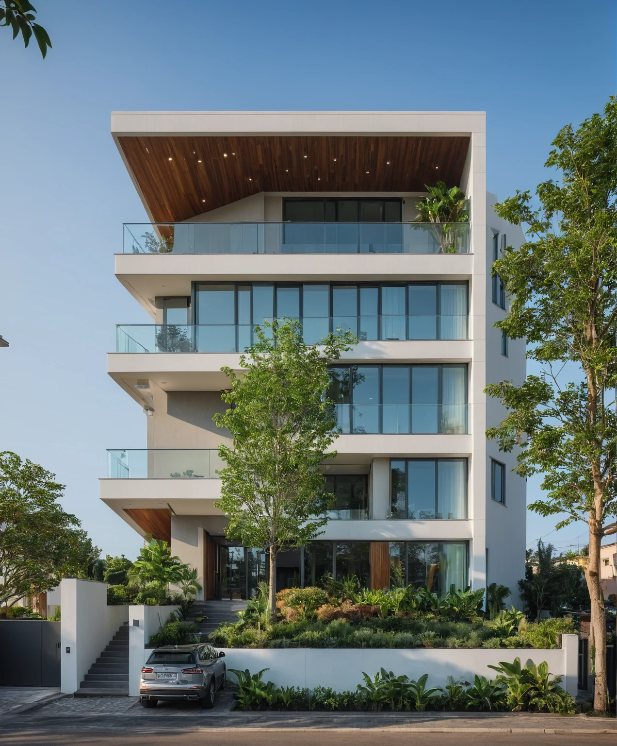 RAW photo, Masterpiece, (high quality:1.1), (masterpiece, best quality:1.5), best quality, (authentic:1.5), (super detail:1.7), House 01., outdoors, sky, tree, no humans, window, plant, ground vehicle, building, scenery, motor vehicle, car, road, vehicle focus, street, exterior, green buildings in street, railing glass, glass windows, roof, ark, facade, modern style, martix, beautiful, architectural rendering, movie light scene, high resolution, realistic, 8k uhd, dslr, soft lighting, high quality, film grain, Fujifilm XT3
