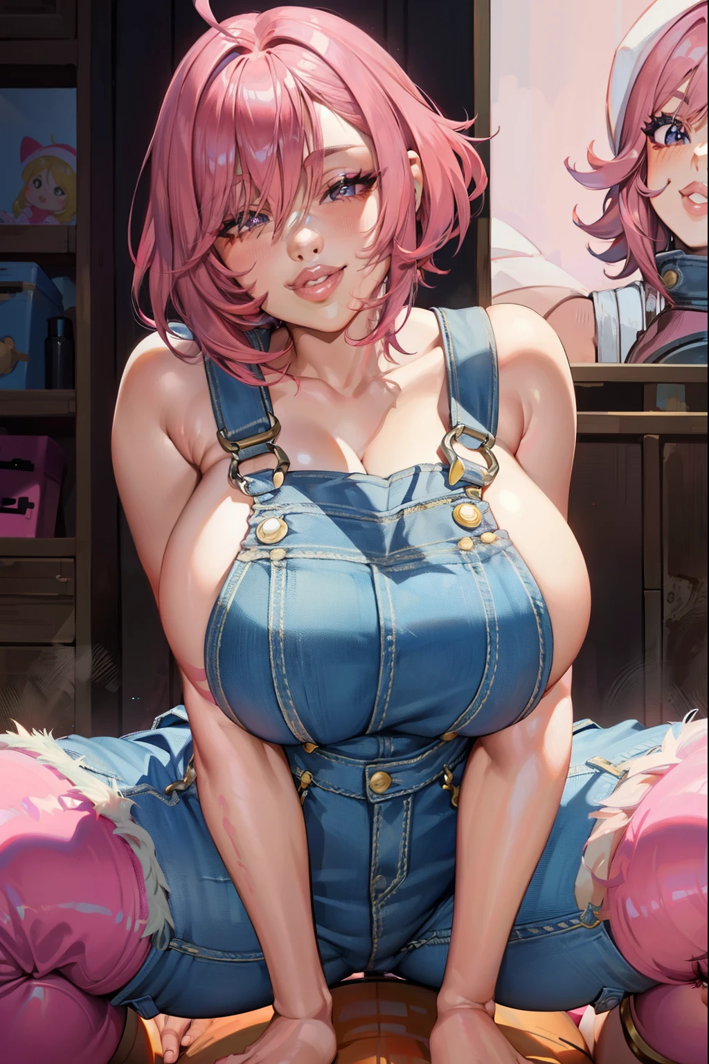 Short pink hair,  massive , big ass, juicy lips, overalls, paint , big lips, droopy purple eyes, massive lashes,smiling, cowboy squat