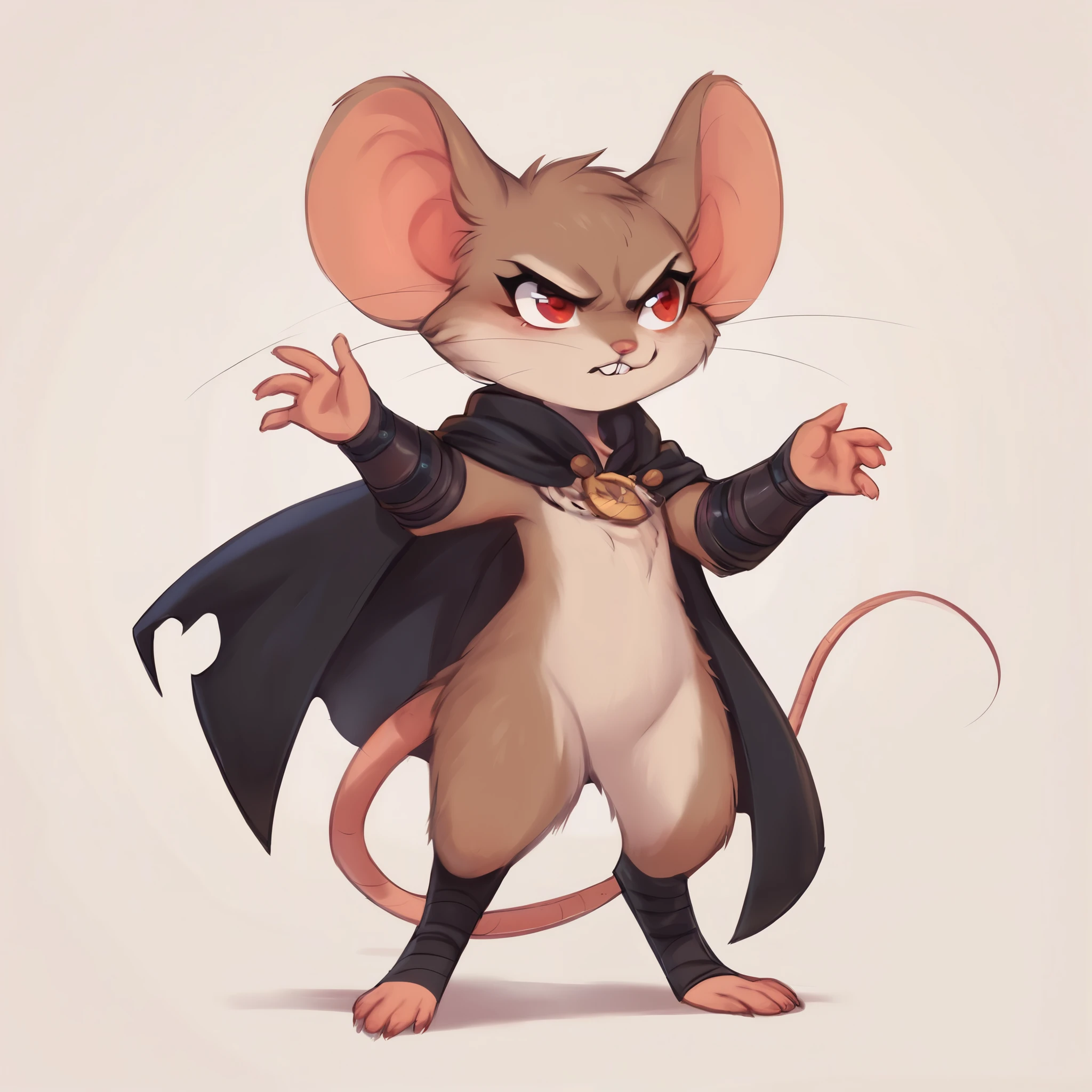 score_9, score_8_up, score_7_up, score_6_up, score_5_up, score_4_up, show accurate, full body, hungry body, simple background, (solo), (semi anthro), mouse, female mouse, fur body, ultra fine fur, standing, red eyes, (light brown dull fur), determined look, black color open cape, arm guard with leather strips, thief appearance,