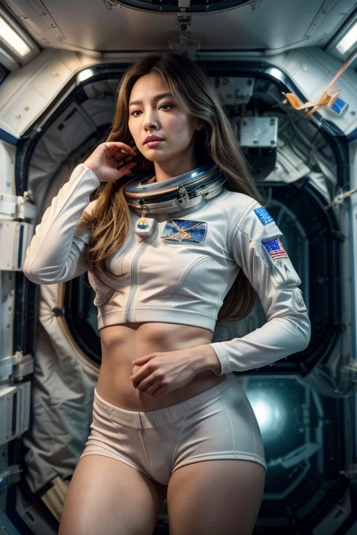 Long range shooting, low angle shot, a beautiful woman，Female astronaut，beautiful face，beautiful eyes，高度detailed细节， (((inside the spacecraft))), 25 years old, in space，Floating weightlessly in the air of a spaceship, Very messy hair，Floating long hair, zero gravity, Earth view from space station window, Wearing tight white spandex hot pants and a white sports top,complicated clothes， Various floating liquids，Various floating boxes，4k extremely lifelike, uhd 4k highly detailed, ((ethereal lights, ultra high resolution.lifelike:.1.4, (high detailed skin:1.2), 8K Ultra HD, DSLR camera, high quality, film grain, Fuji XT3,(masterpiece) (best quality) (detailed) (movie lighting) (sharp focus) (complex)