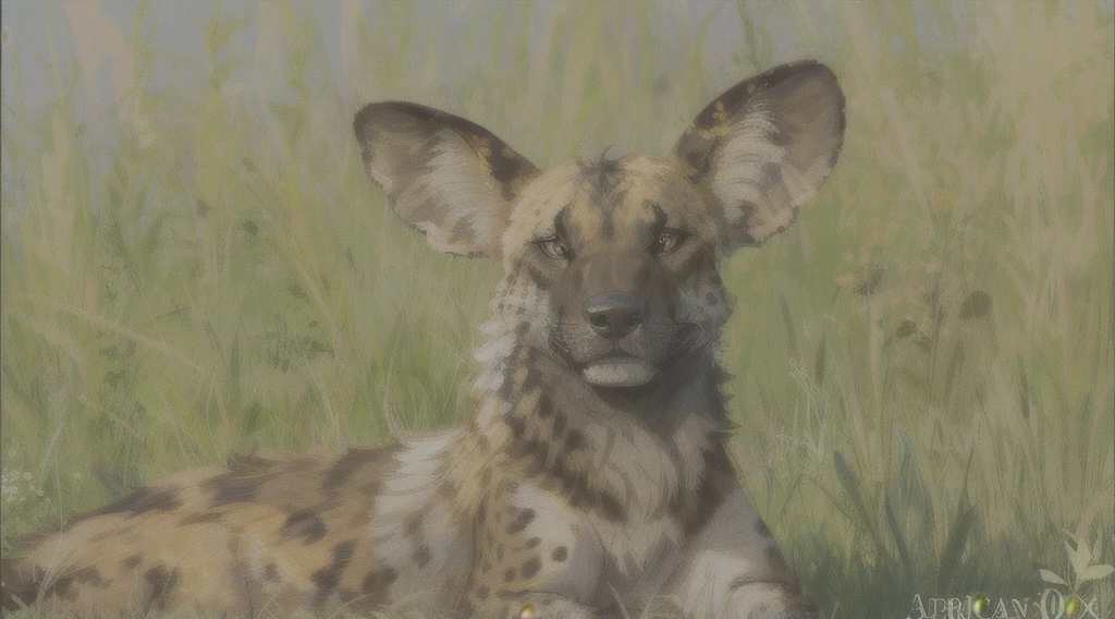 a wild dog lies in the grass, african painted dog, African wild dog sitting!, still from nature documentary, portrait shot, Jürgen von Hündeberg, A still from a documentary about nature, stunning visual effect, A stunning sight, smug look, proud looking, 1 0 8 0, 1080P, intense look