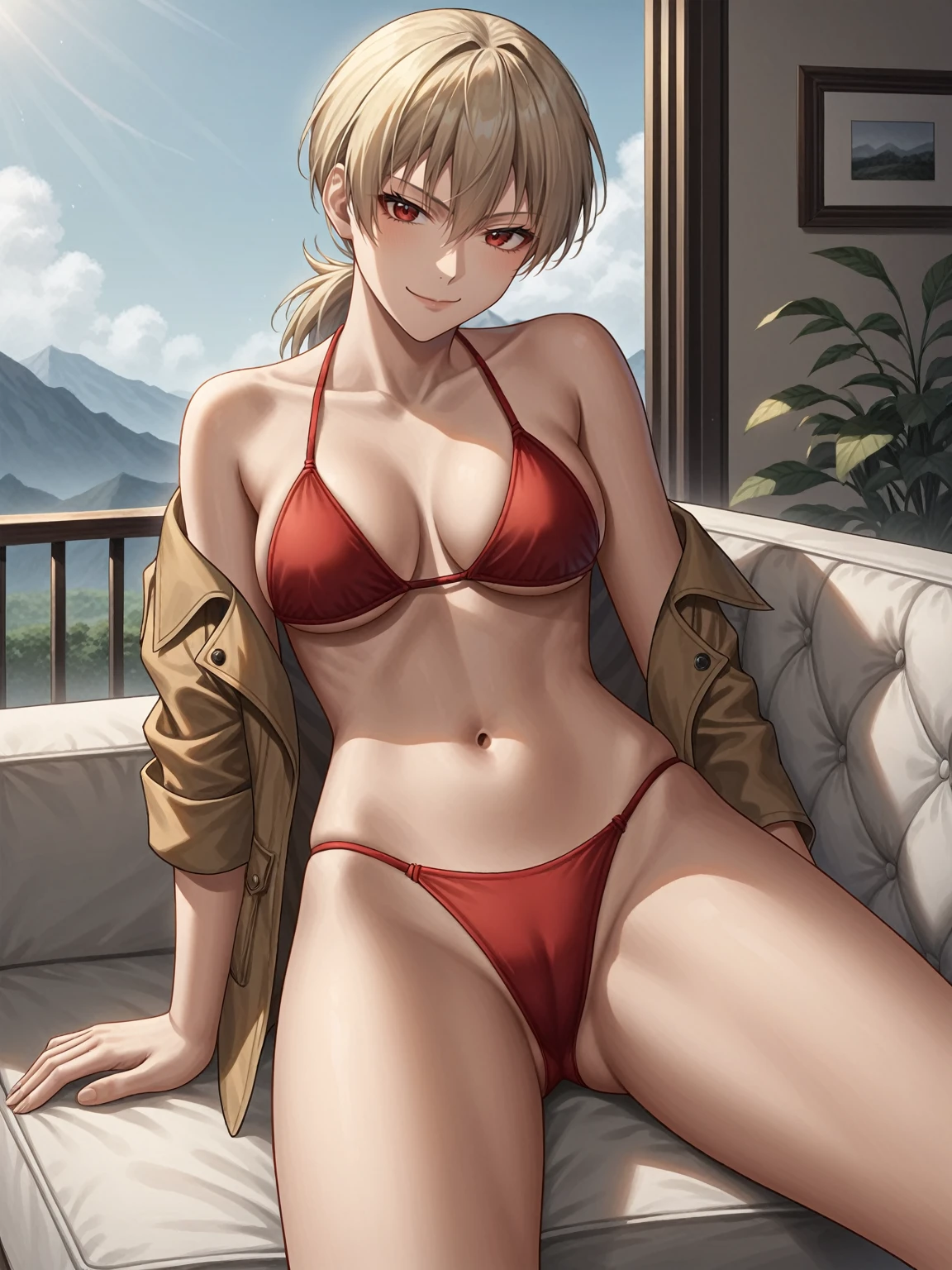 source_anime,score_9,score_8_up, score_7_up, 1girl,solo,outdoors,hellsing, seras victoria, couch, indoors, seductive, face closeup, ((closed mouth)), smirk, thighs, long shot, balcony, mountain background, fancy, white couch, laying, leaning, fronr view, red underwear, red panties with rope outline, fur bikini, smug, smirk, red eyes, 