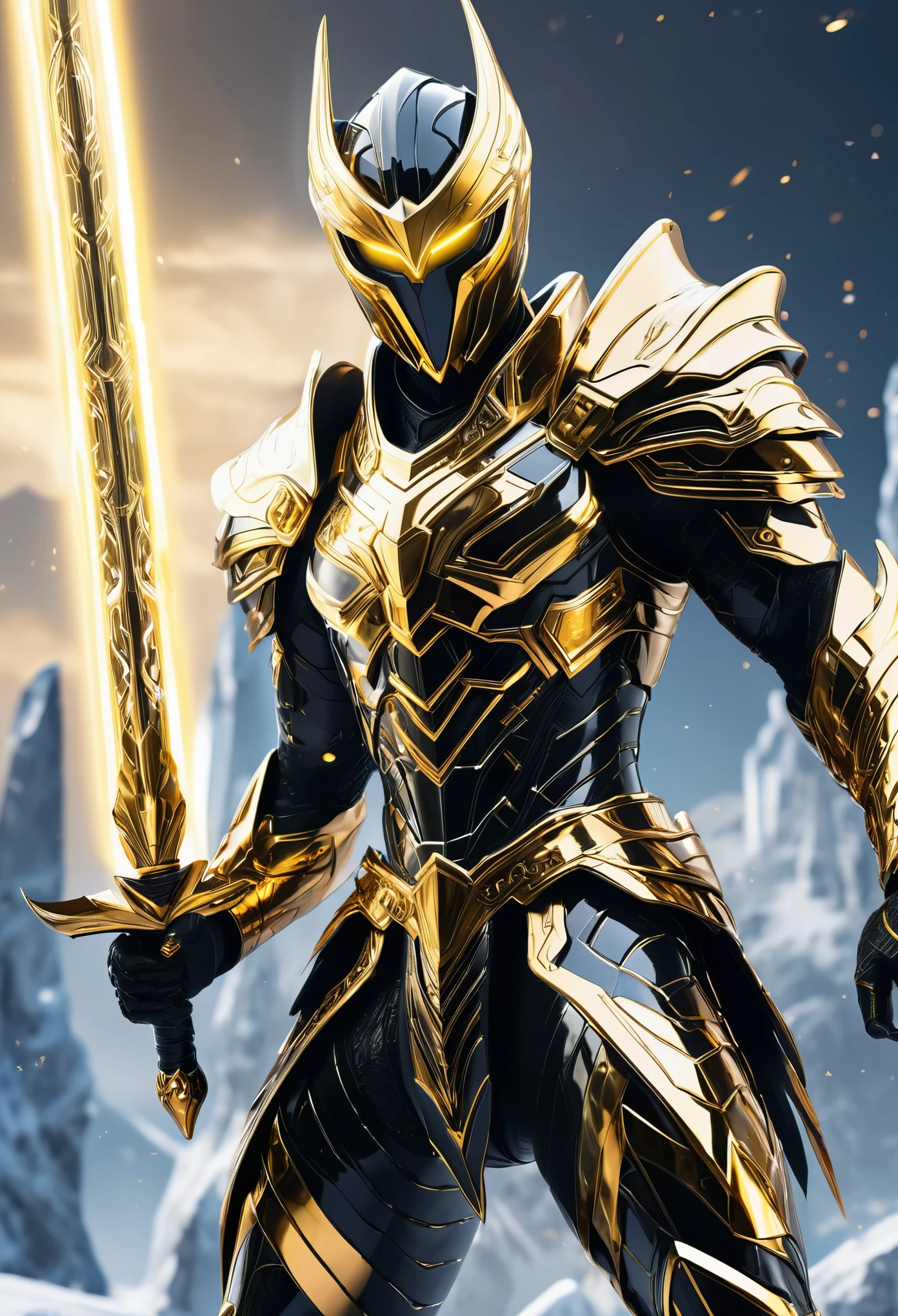 Create an image of a futuristic, black and gold skin-clad warrior, with intricate metallic armor detailing, wielding a sleek energy sword, standing triumphantly atop a towering crystal formation, casting an ethereal energy aura.