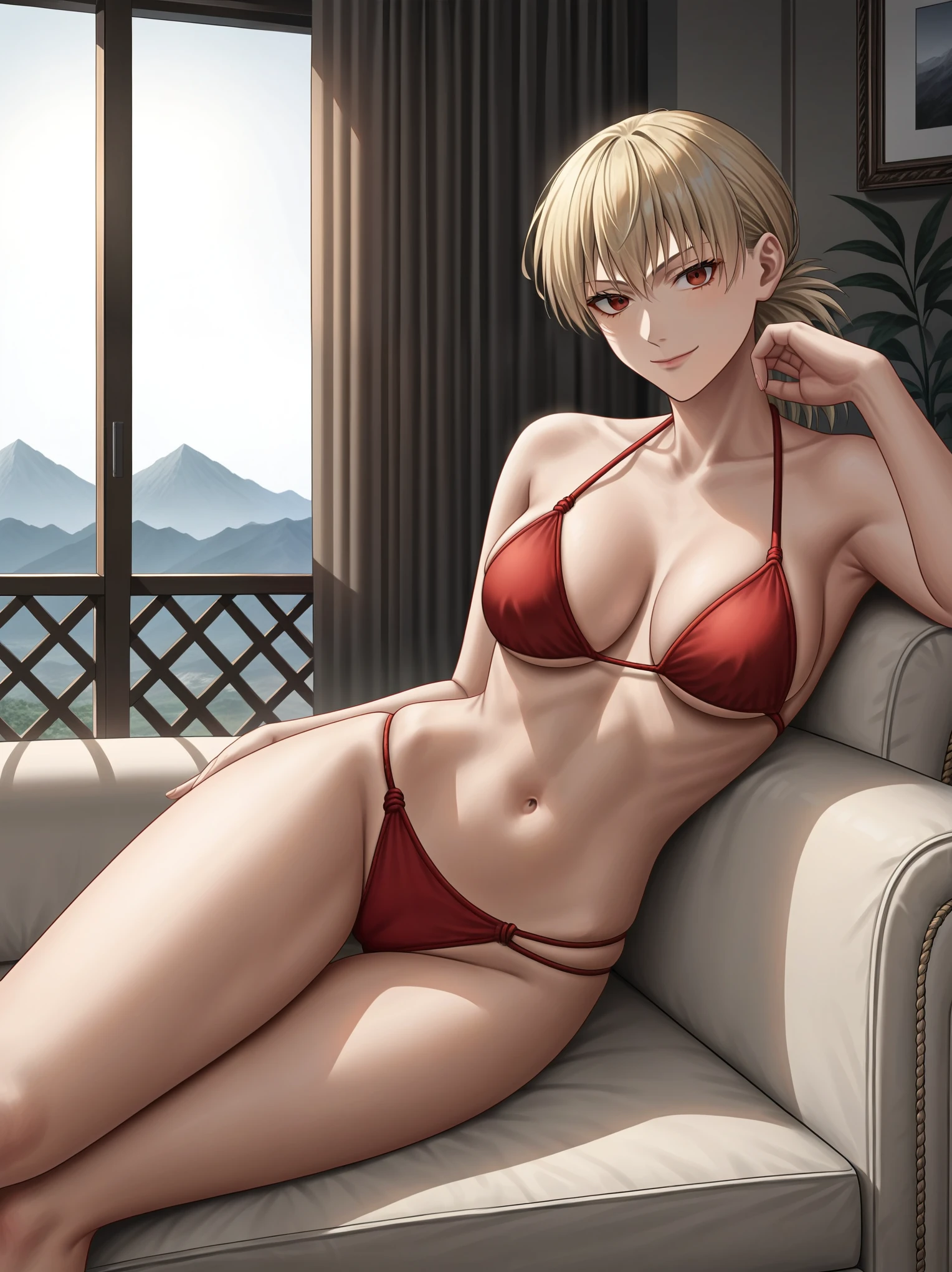 source_anime,score_9,score_8_up, score_7_up, 1girl,solo,outdoors,hellsing, seras victoria, couch, indoors, seductive, face closeup, ((closed mouth)), smirk, thighs, long shot, balcony, mountain background, fancy, white couch, laying, leaning, fronr view, red underwear, red panties with rope outline, fur bikini