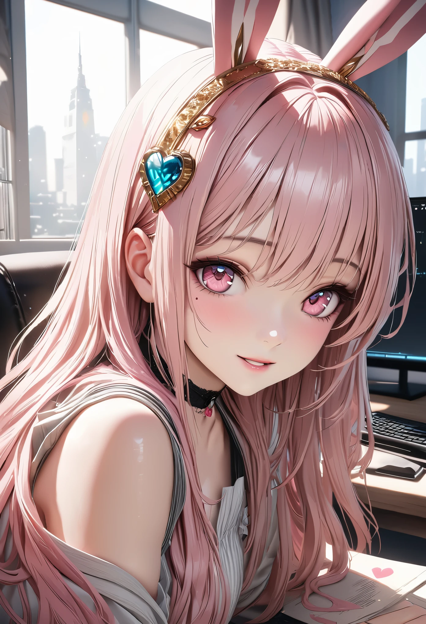 master piece,highest quality, Super detailed, High resolution, expensive resolution, HDR, 4k, 8K, unity 8k wallpaper, Super detailed CG, masterpiece, realistic, photorealistic, 2D, 3D, beautiful details, depth, fine texture , super fine: 1.3, Fully focused, Crispy.skin, .he,
Very cute anime girl with Pink semi-long hair wearing expensive , one girl, smile、alone, Pink semi-long hair, animal ears, Bunny ears, office、Business service、computer、disk、mole under the eye, looking at the viewer , expensive , blush, mole, Bunny ears, parted lips, hair ornaments, heart, pink eyes, choker