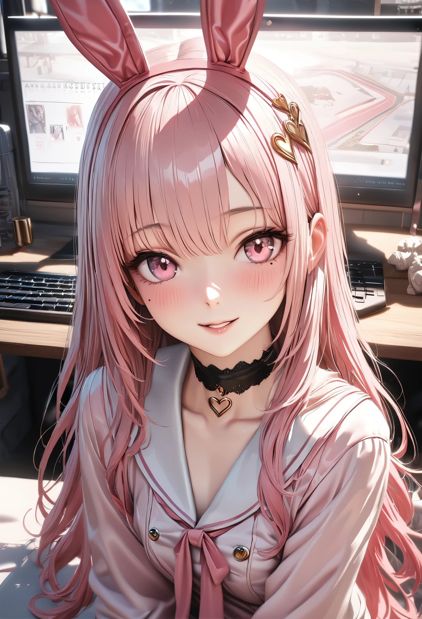 master piece,highest quality, Super detailed, High resolution, expensive resolution, HDR, 4k, 8K, unity 8k wallpaper, Super detailed CG, masterpiece, realistic, photorealistic, 2D, 3D, beautiful details, depth, fine texture , super fine: 1.3, Fully focused, Crispy.skin, .he,
Very cute anime girl with Pink semi-long hair wearing expensive , one girl, smile、alone, Pink semi-long hair, animal ears, Bunny ears, office、Business service、computer、disk、mole under the eye, looking at the viewer , expensive , blush, mole, Bunny ears, parted lips, hair ornaments, heart, pink eyes, choker