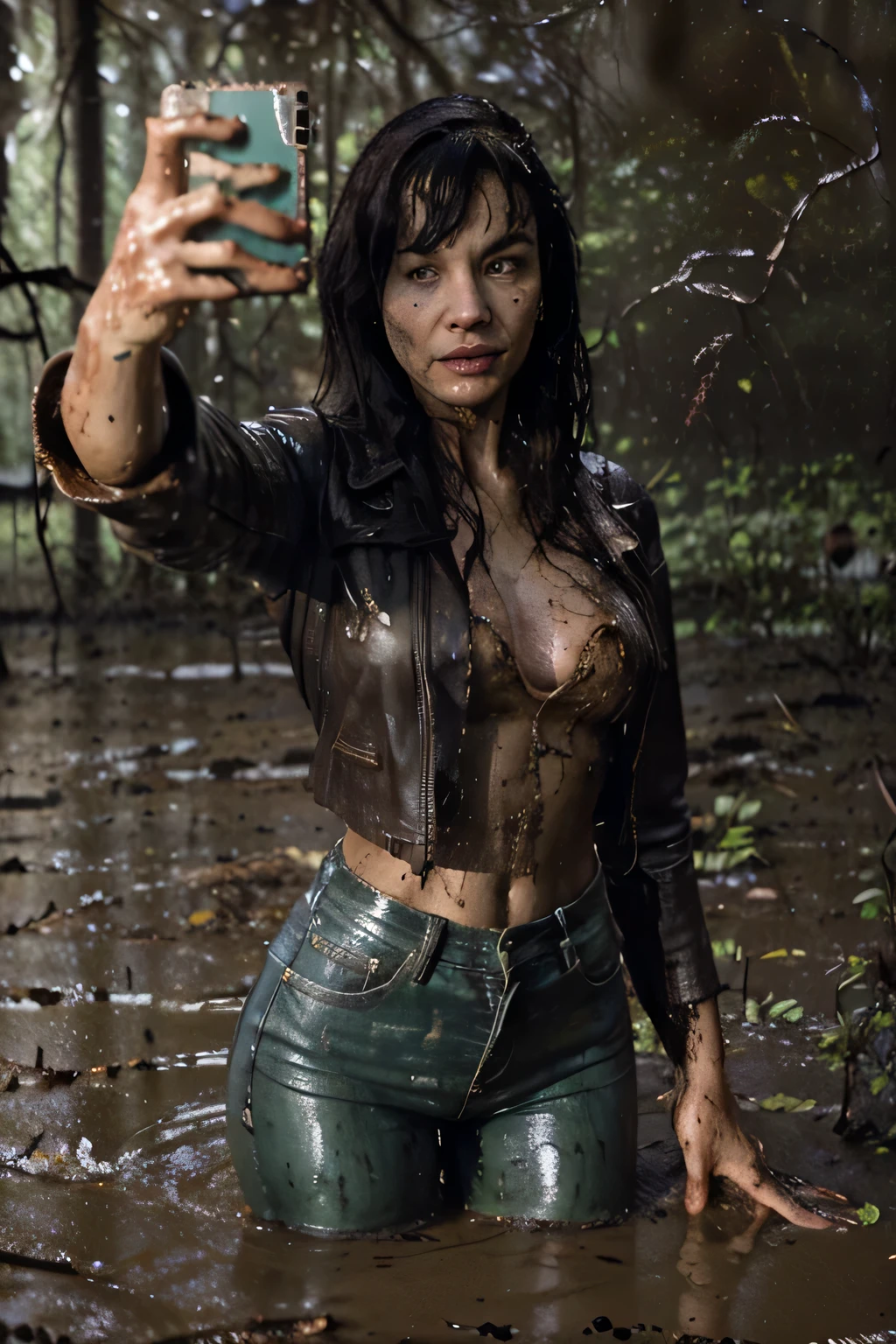 Tormented by lust, Bettie Page in jeans and a leather jacket was caught off guard in the woods at night, indulging in his sexual fetish of drowning in a swamp. Lust causes her to drown in a swamp. Her face is haggard and dehydrated. She is perplexed and looks around in fright. There is pitch darkness all around, The light only comes from the camera's flash.
TAGS: night time, blurred background, (First-person selfie for Instagram:1.7), (It's dark all around:1.7), (Light only from the camera:1.7). woods, The woman, (Tormented by lust:1.4), In blue old jeans, leather jacket, in blouse wearing, swamp, (drowning in a swamp), (Drowning in a muddy swamp up to his thighs:1.8), (Sexual fetish:1.3), fright, stunned, Looking around. (emaciated face:1.6), (dehydrated face:1.6), (swelling of the face:1.6), (Short hair gathered in a ponytail:1.2),