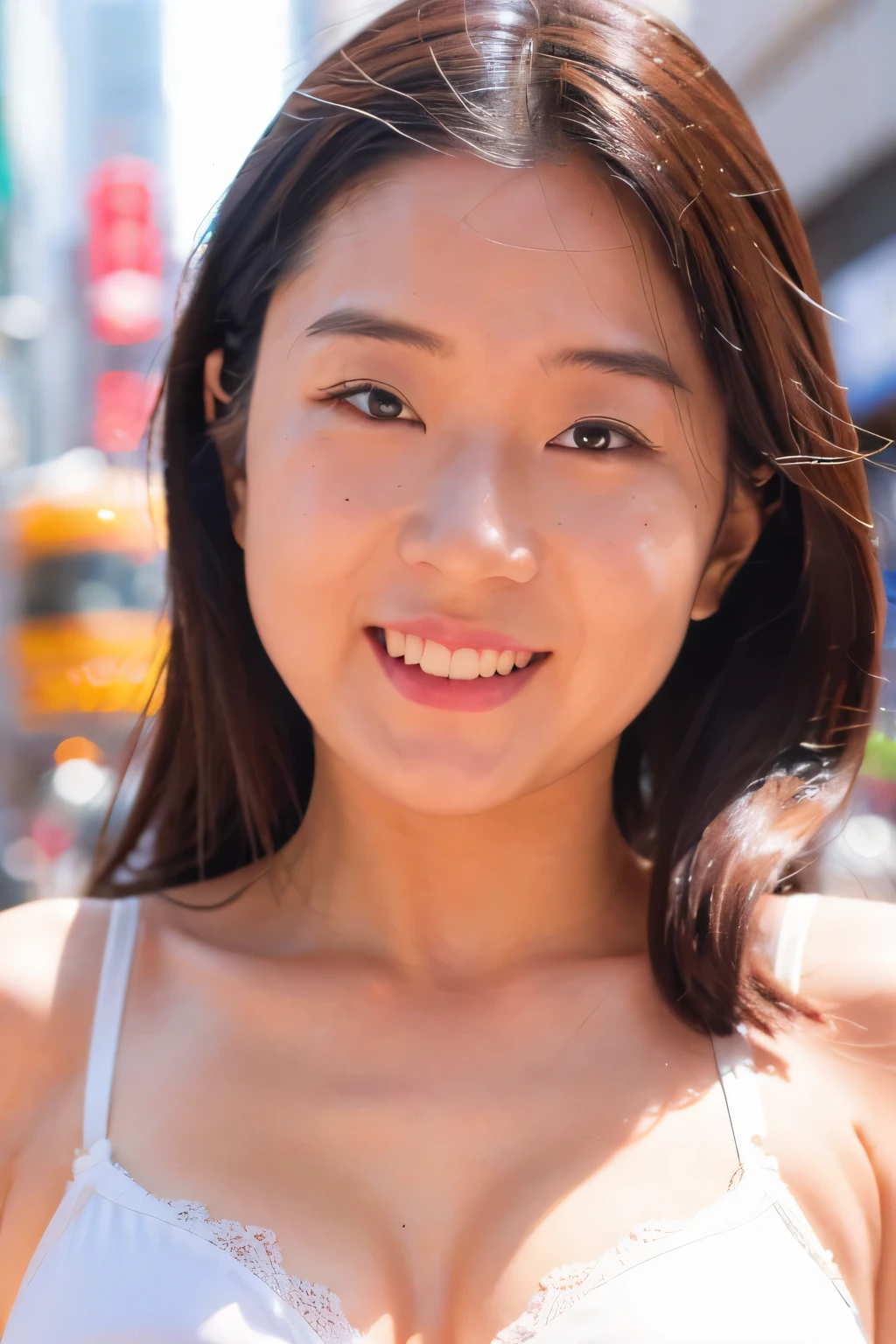 NSFW:1.5,((highest quality、8K resolution、master masterpiece、portrait:1.3)), Photoreal, 35mm film, 1 Japanese female, Upper body、on the street during the day, wrinkles around the eyes, plump body、middle hair,((white bra_panties:1.3)) , (outdoor:city street 1.3), jumbled background,look at the audience,Tokyo cityscape:1.3,smile